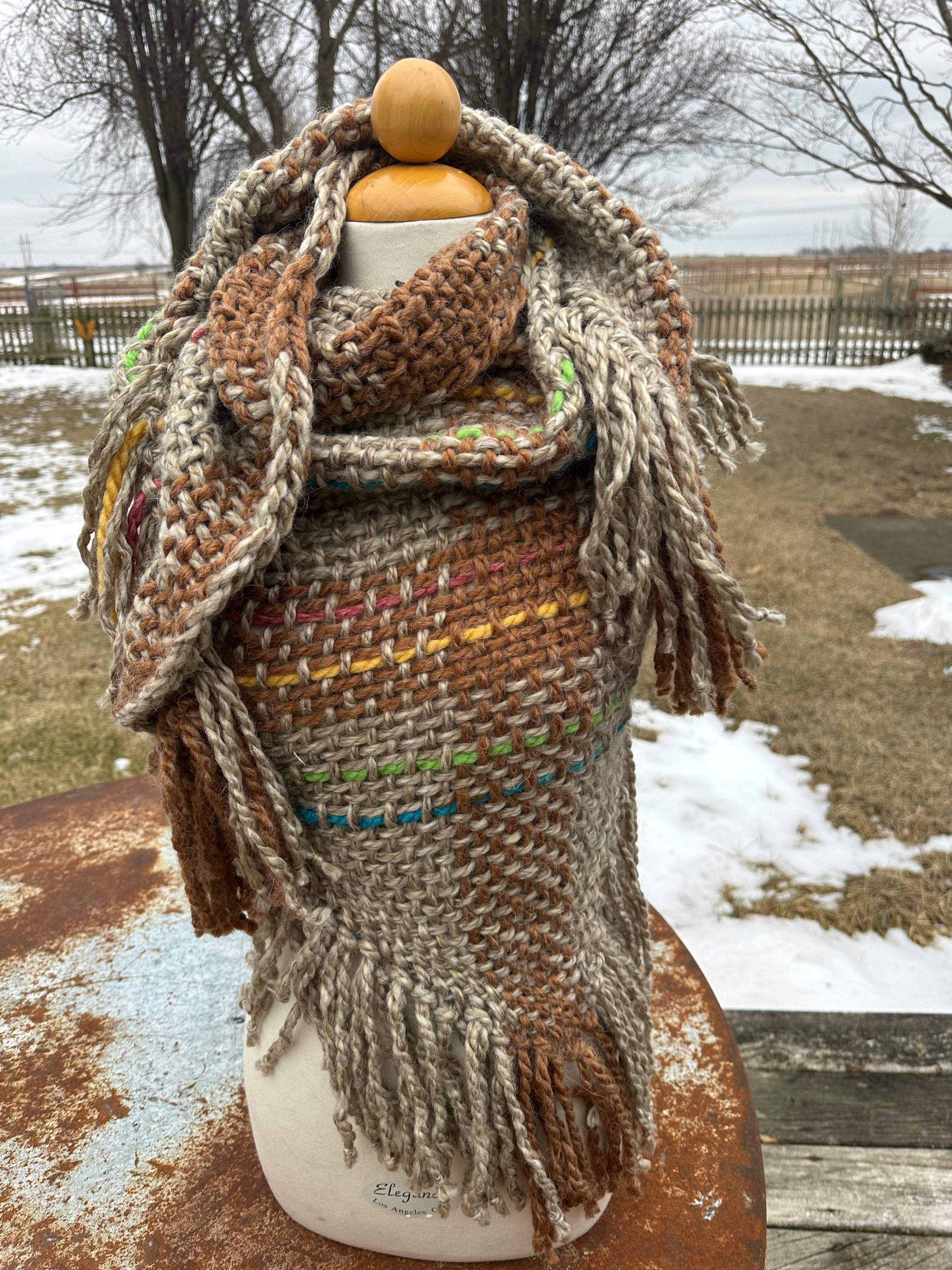 Hand woven alpaca shawl with fringe. 20% Alpaca  plus Acrylic. Chunky yarn.