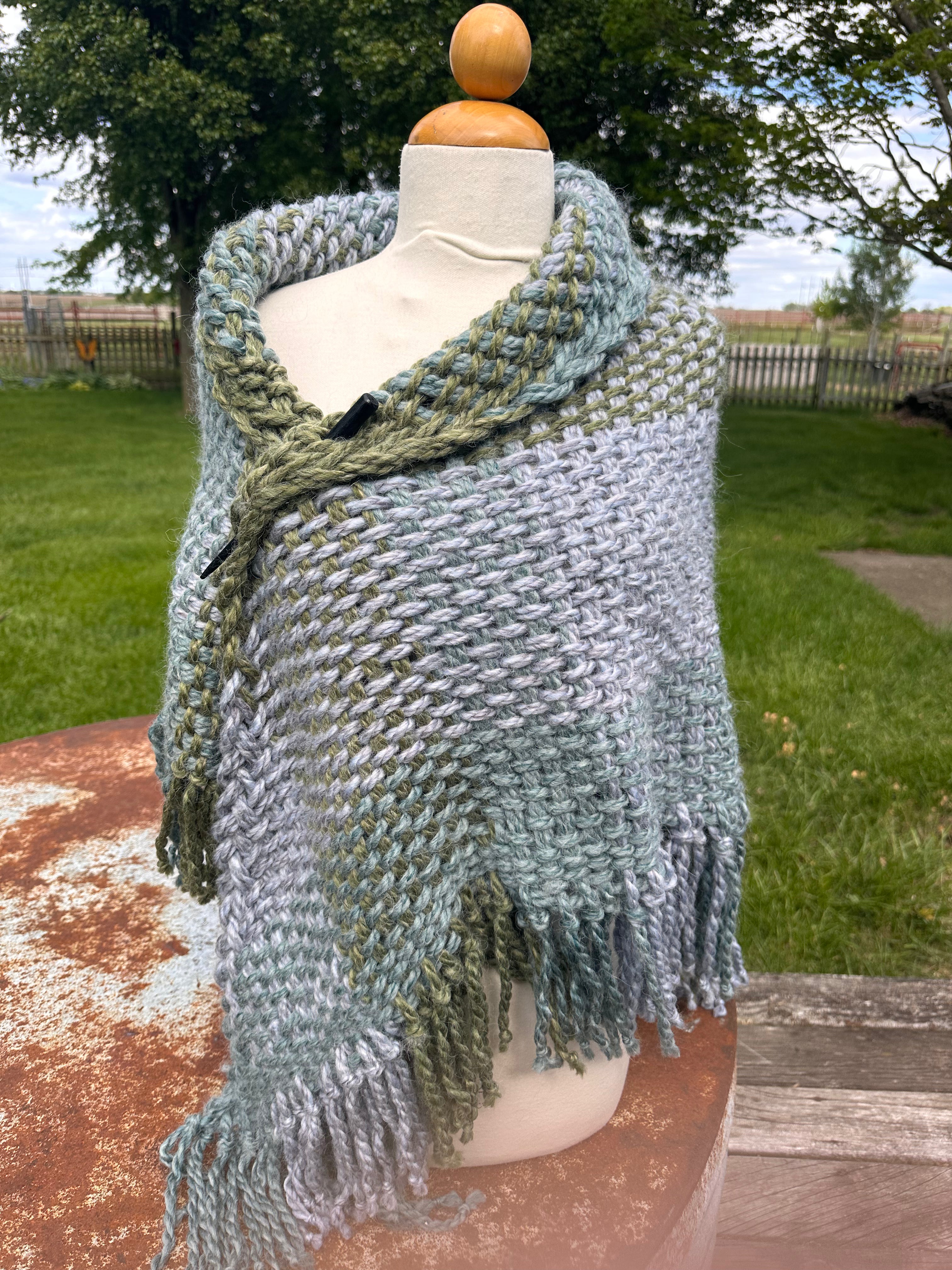 Hand woven alpaca shawl with fringe. 20% Alpaca  plus Acrylic. Chunky yarn.