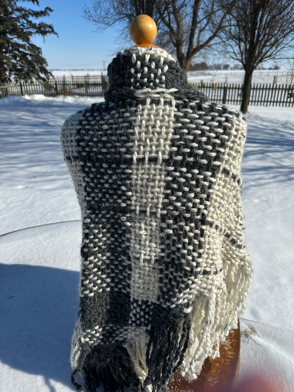 Hand woven alpaca shawl with fringe. 20% Alpaca  plus Acrylic. Chunky yarn.