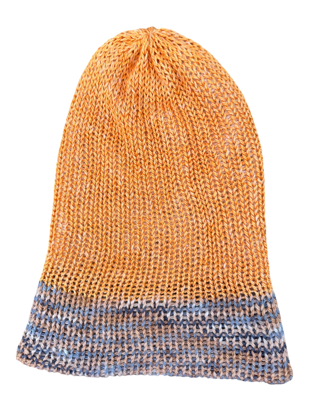 Oak Crest Alpacas and More reversible double knit alpaca hat in orange and multi-colored yarn with a fold over brim