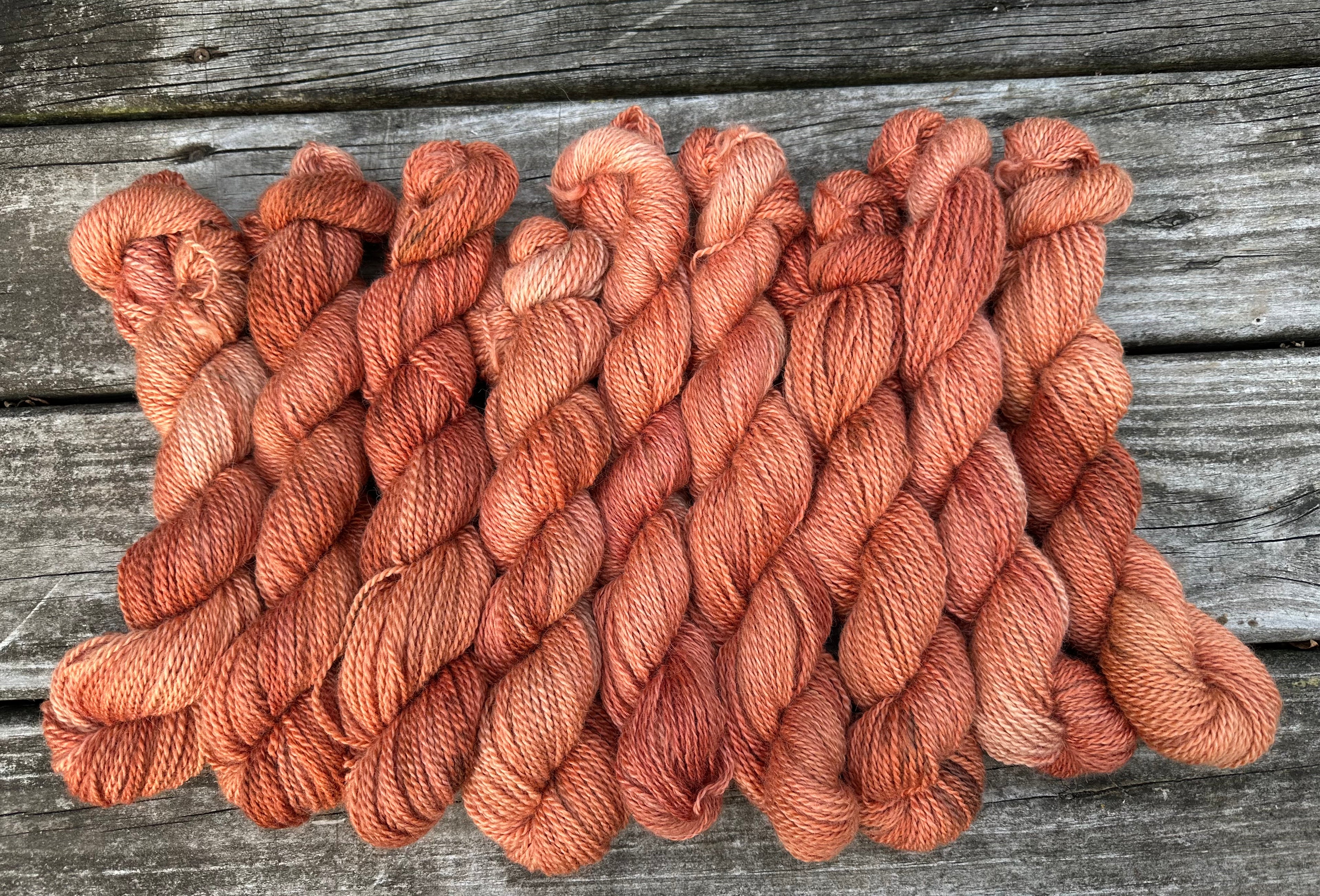 150 yd of Worsted weight 100%  American Alpaca yarn, 2 ply, from our alpacas. Hand dyed.