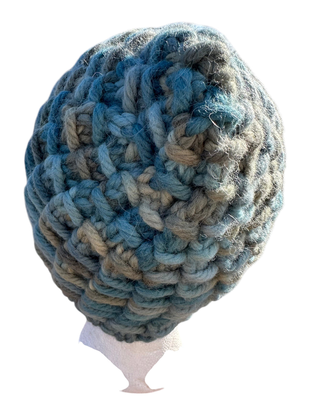 Oak Crest Alpacas and More chunky knit hat in variegated teal alpaca and wool blend with a soft textured finish