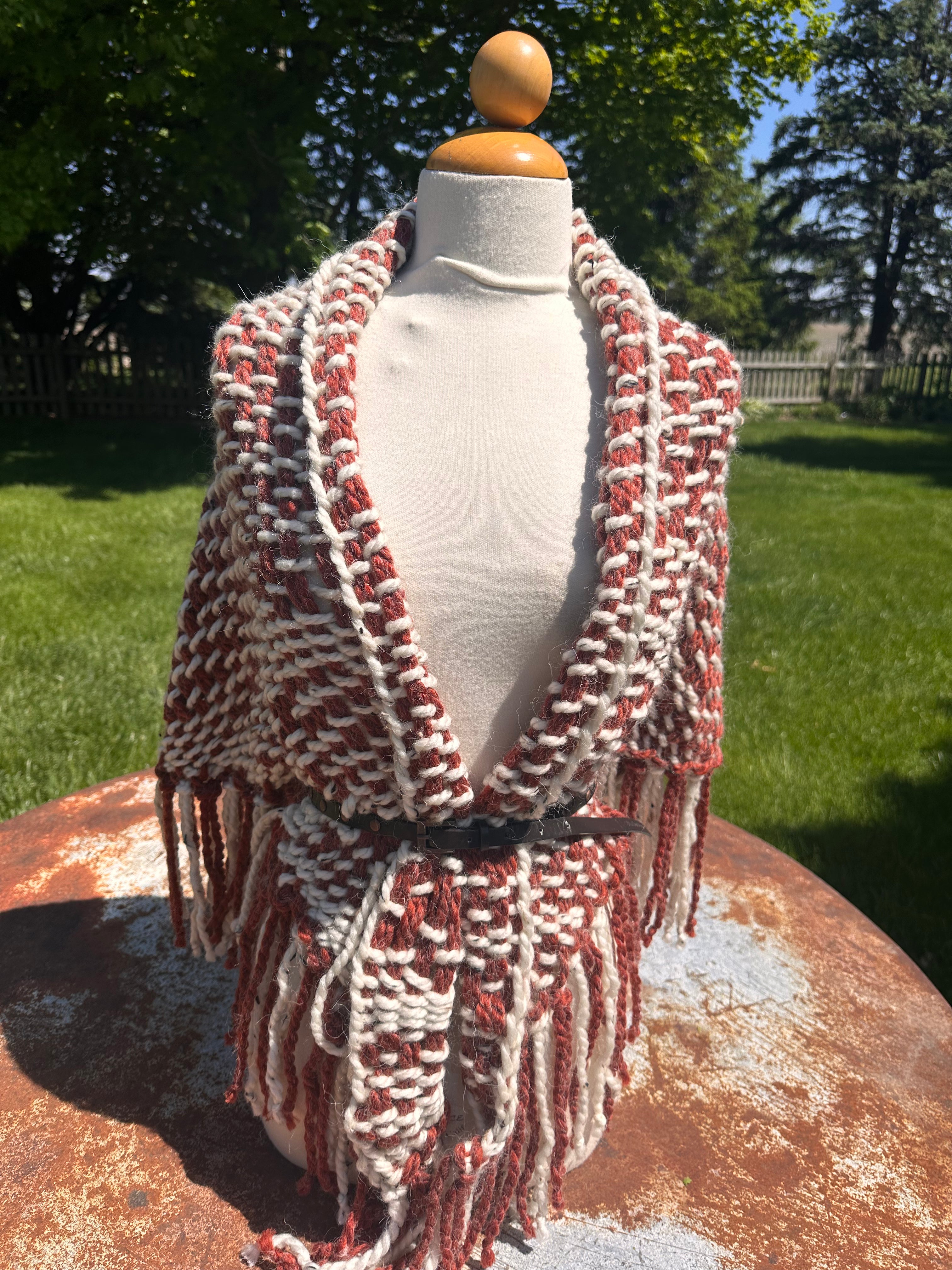Hand woven alpaca shawl with fringe. 20% Alpaca  plus Acrylic. Chunky yarn.