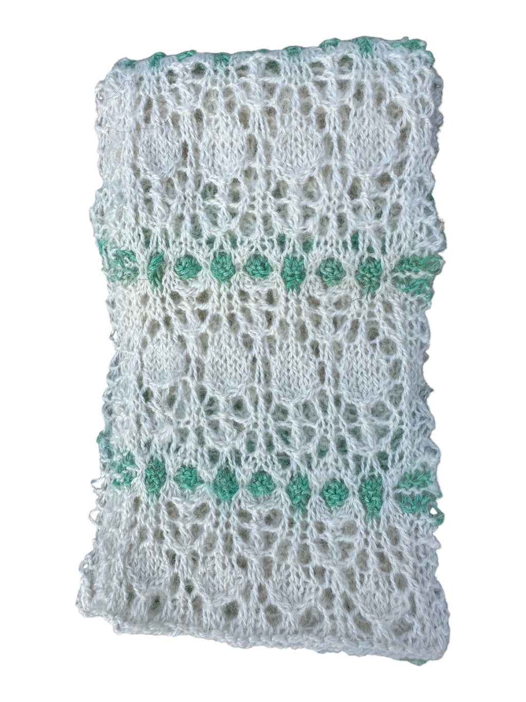 Oak Crest Alpacas and More hand knit white and green lace alpaca wool scarf with a delicate openwork pattern.