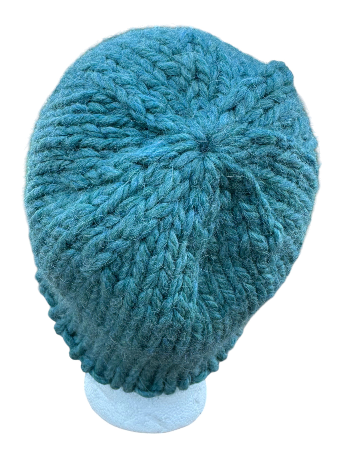 Oak Crest Alpacas and More chunky knit teal alpaca and wool hat viewed from the top showing textured stitch pattern