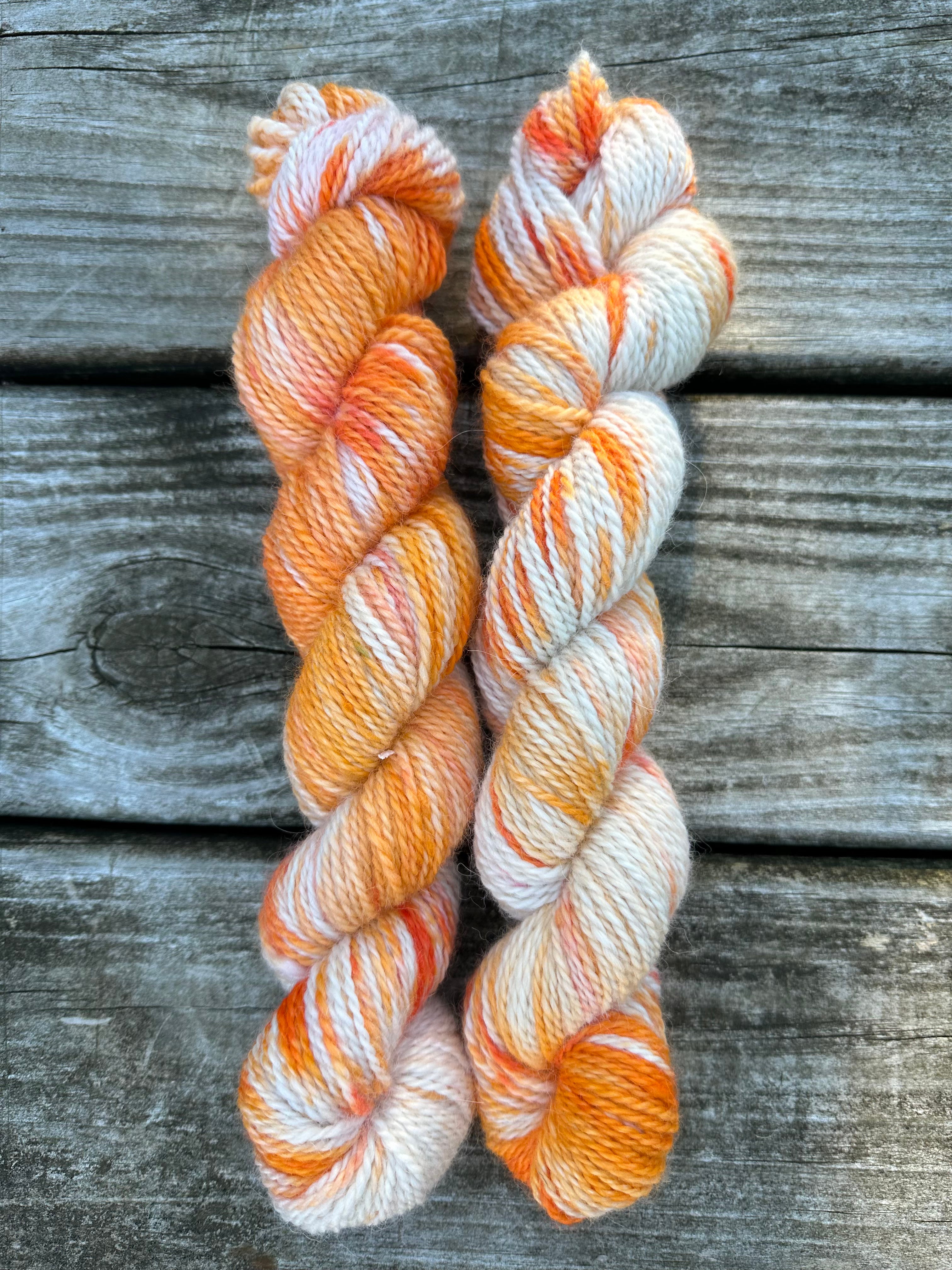 200 yd of worsted 100%  American Alpaca yarn, 2 ply, from our alpacas. Variegated. Hand dyed.