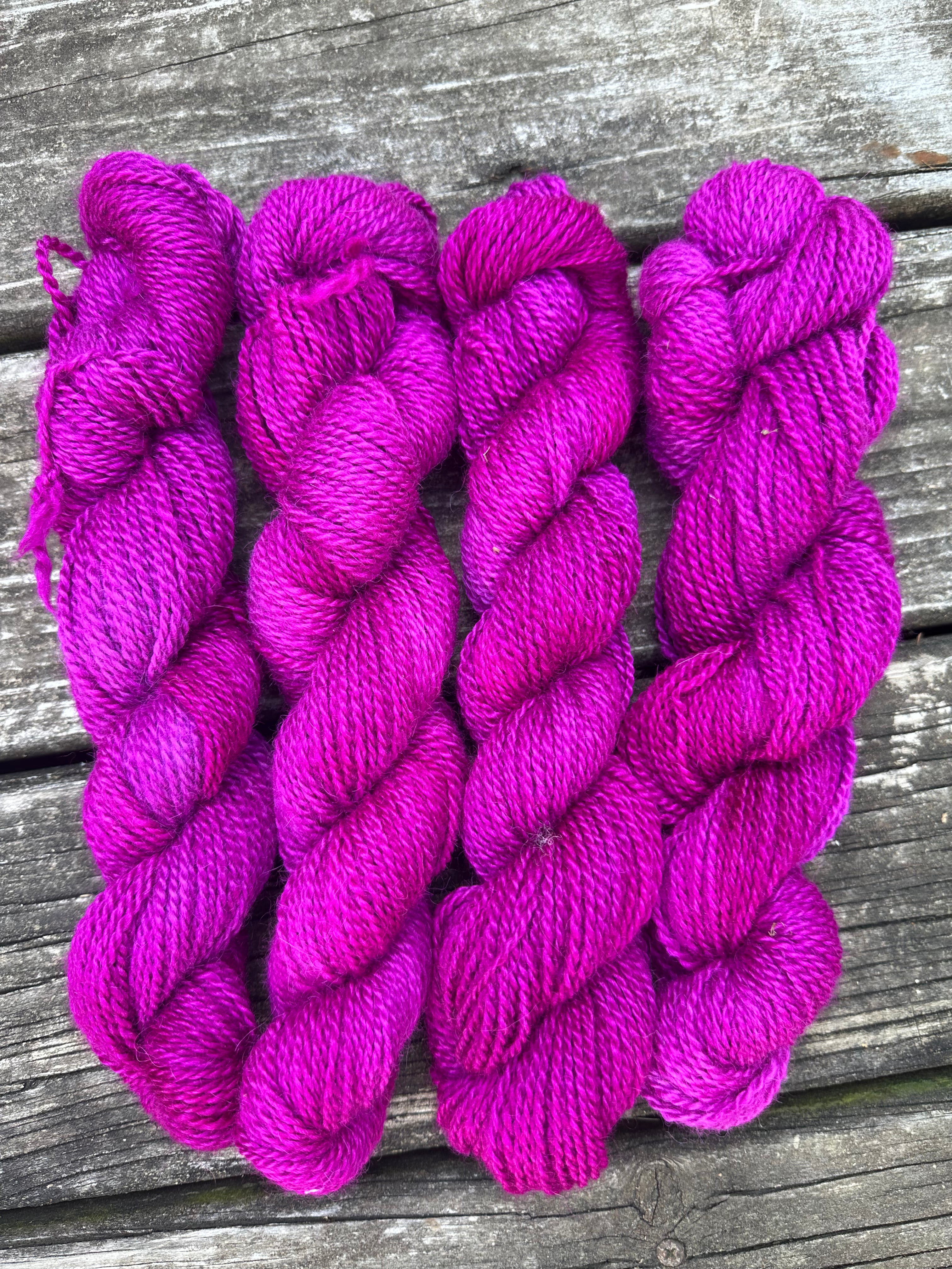 150 yd of Worsted weight 100%  American Alpaca yarn, 2 ply, from our alpacas. Hand dyed.