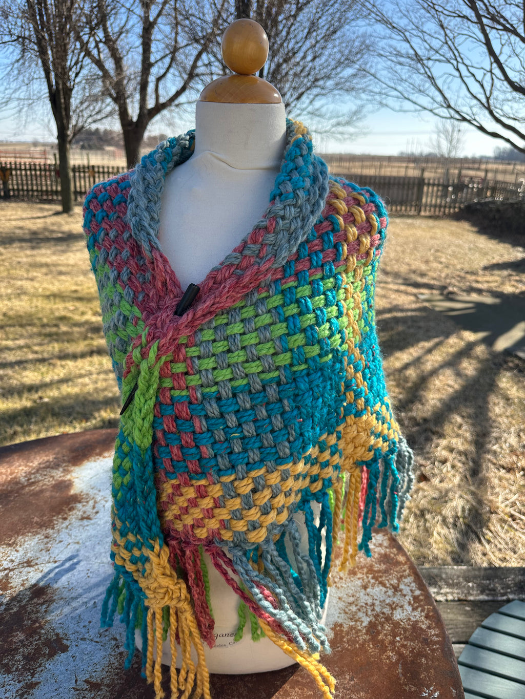 Hand woven alpaca shawl with fringe. 20% Alpaca  plus Acrylic. Chunky yarn.