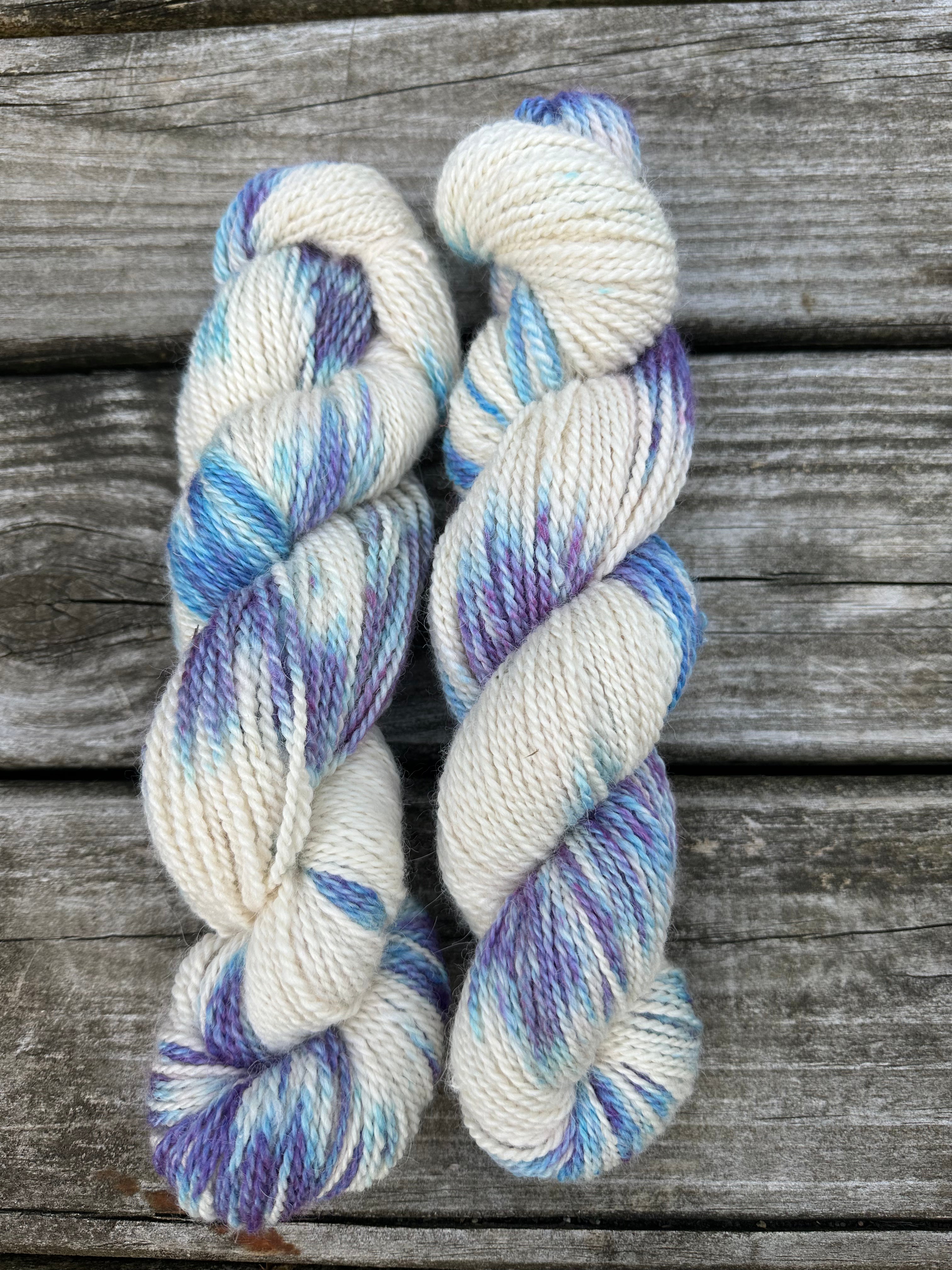 200 yd of worsted 100%  American Alpaca yarn, 2 ply, from our alpacas. Variegated. Hand dyed.