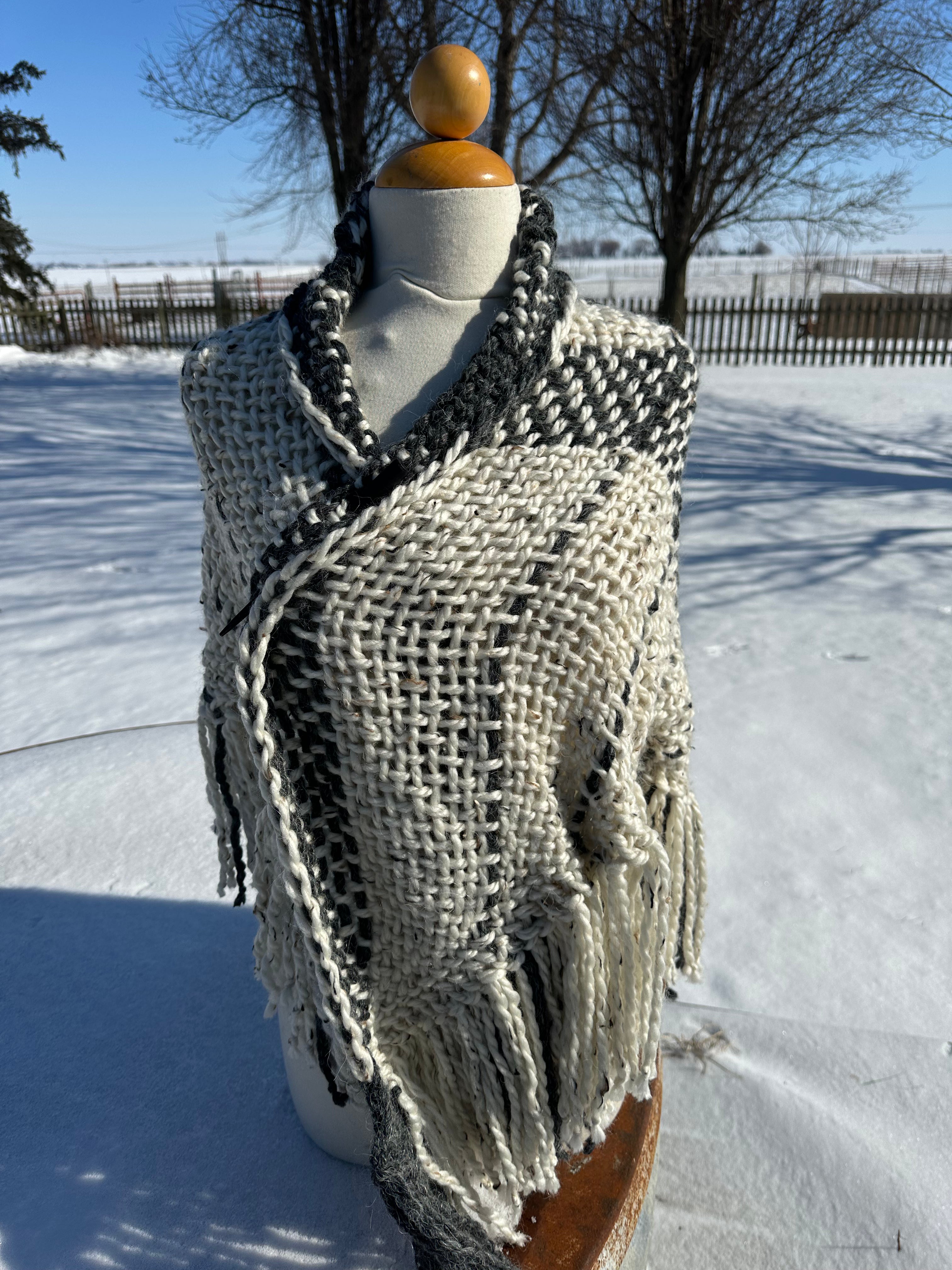 Hand woven alpaca shawl with fringe. 20% Alpaca  plus Acrylic. Chunky yarn.