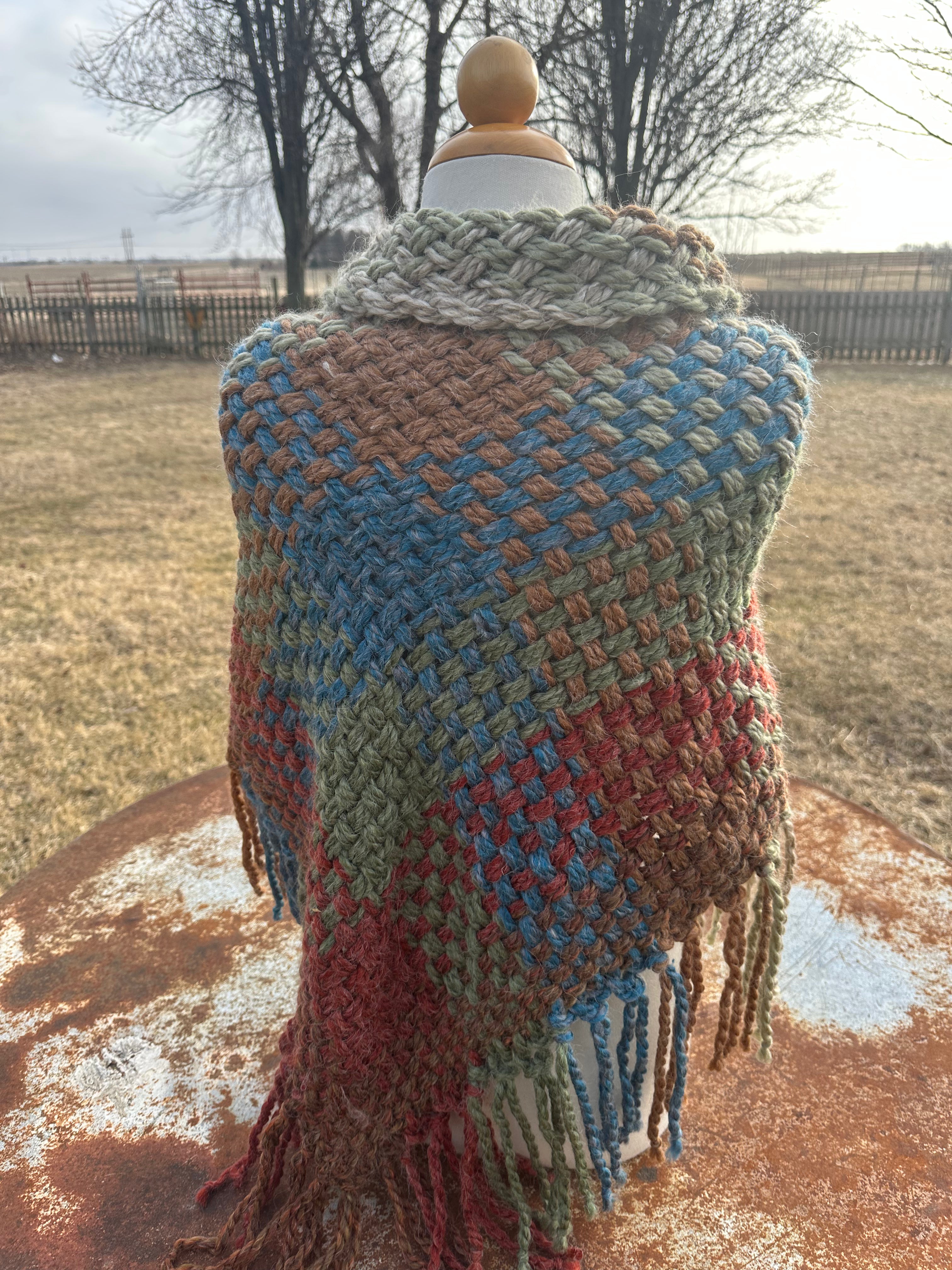 Hand woven alpaca shawl with fringe. 20% Alpaca  plus Acrylic. Chunky yarn.