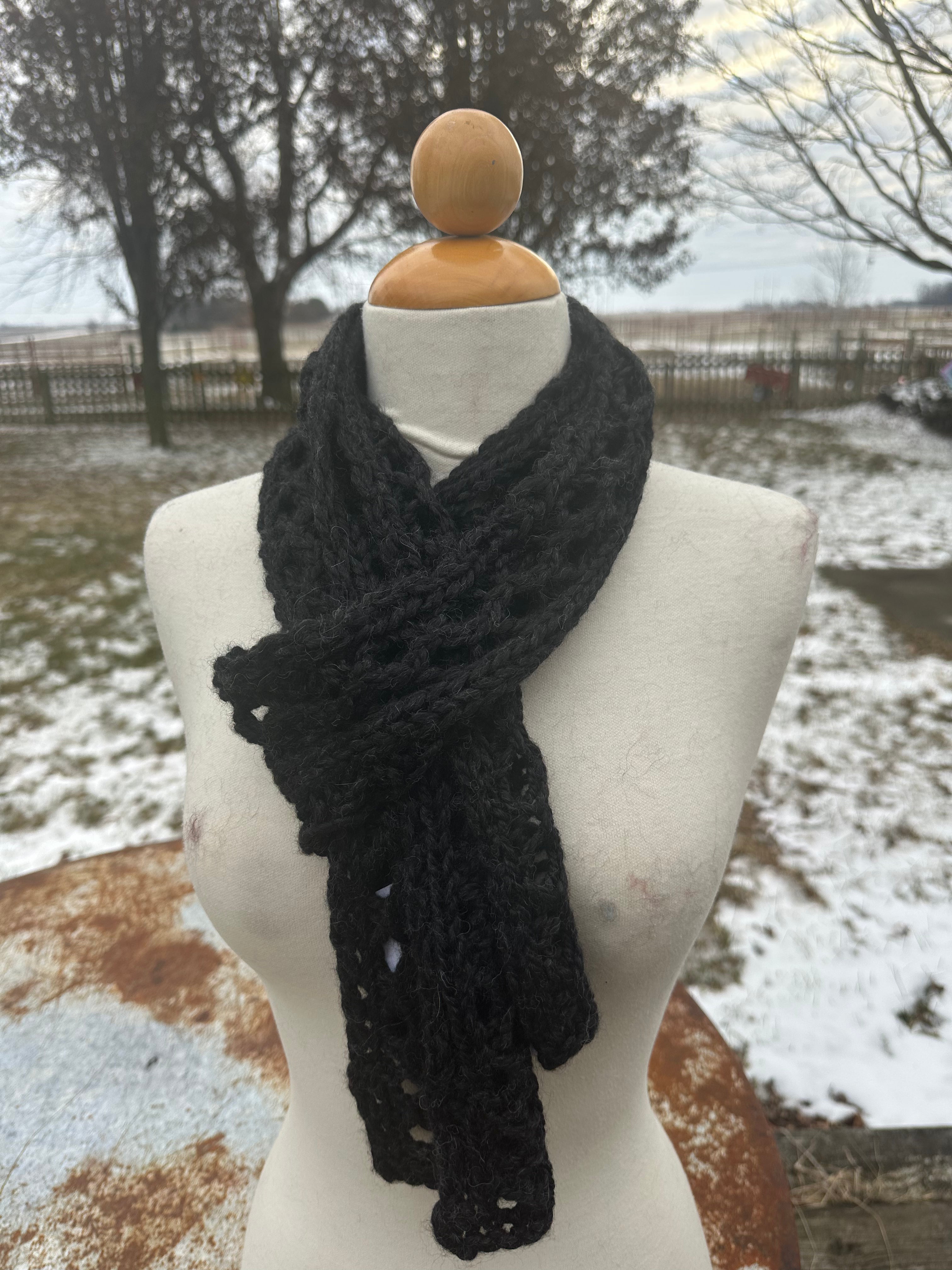 Black lacey Alpaca scarf. Hand knit.