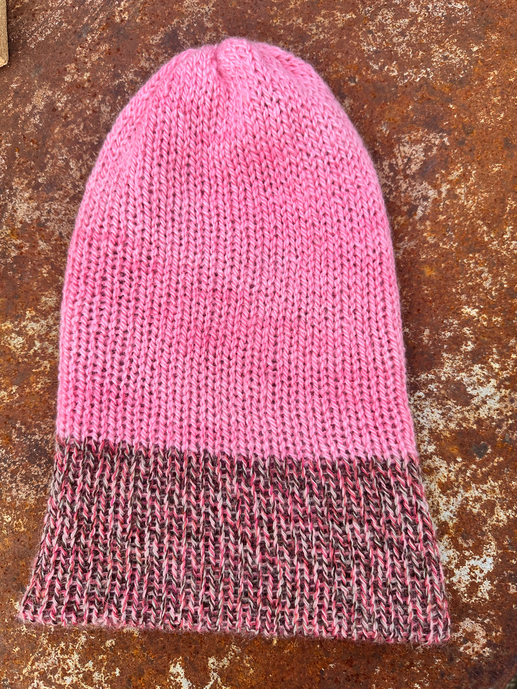 Double knit 100% Alpaca hat with fold over brim. Reversible.