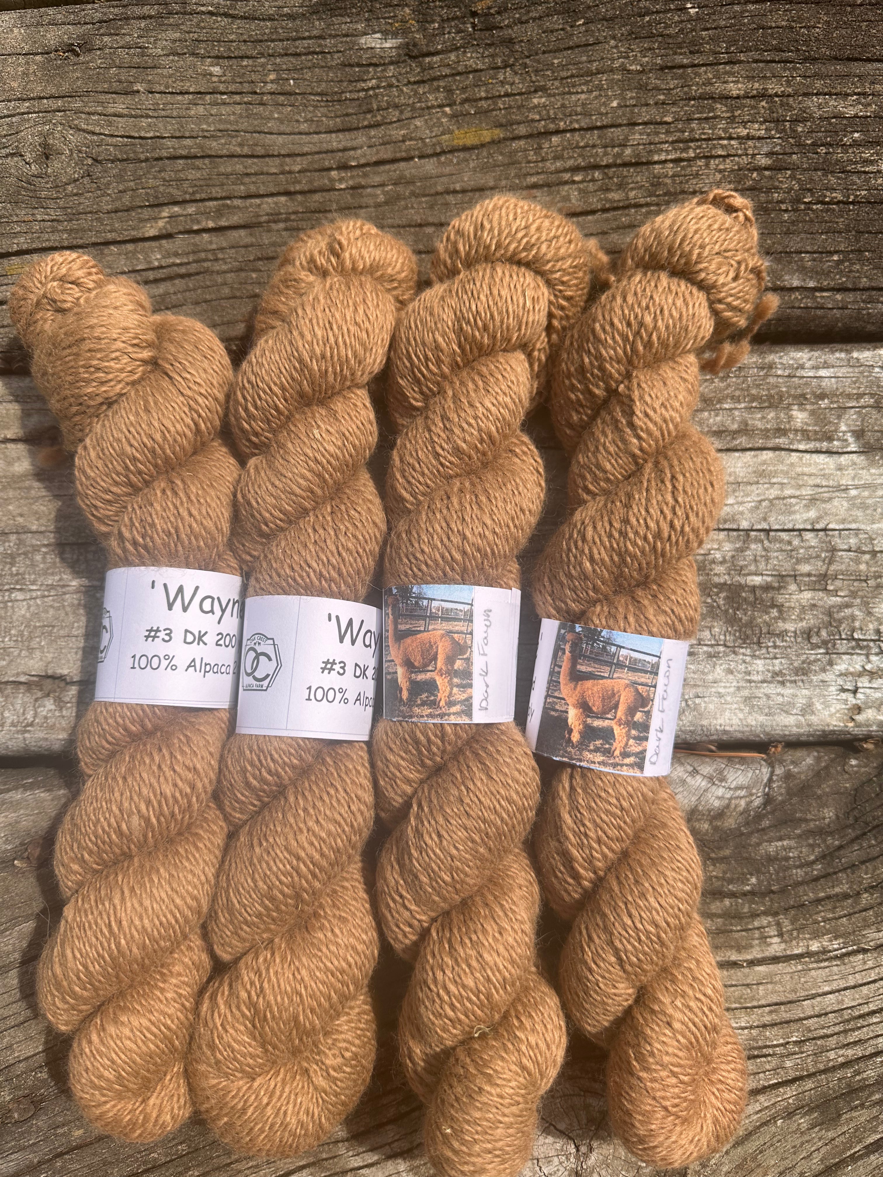 200 yd of DK 100% USA Alpaca from our alpacas, 2 ply.  Natural Colors