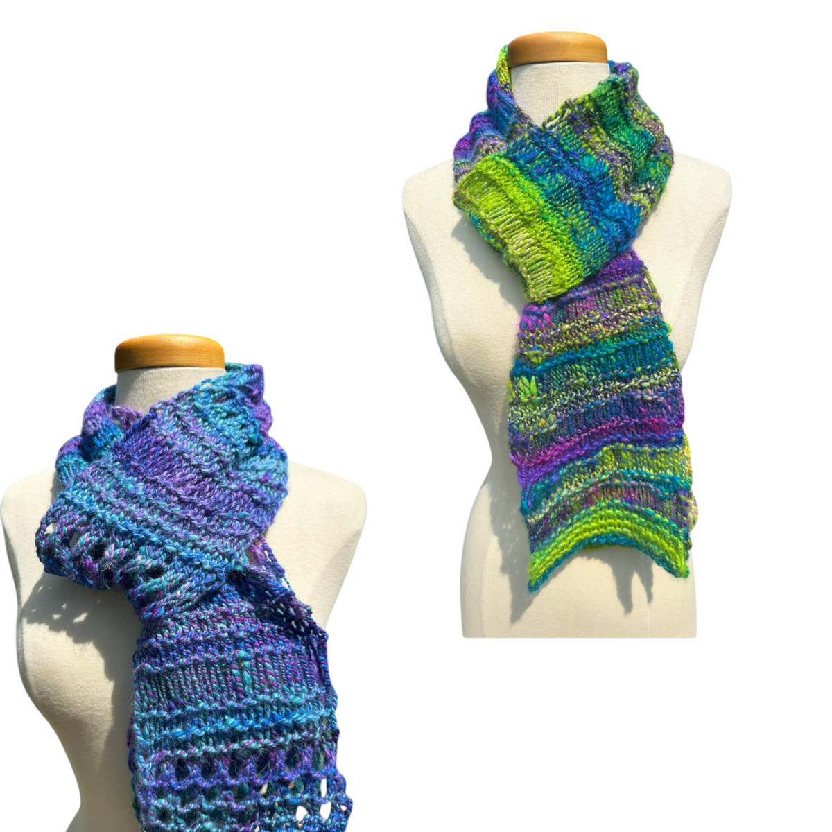 Oak Crest Alpacas and More hand-knit chunky alpaca scarves in bright green-multi and purple-green lace designs.