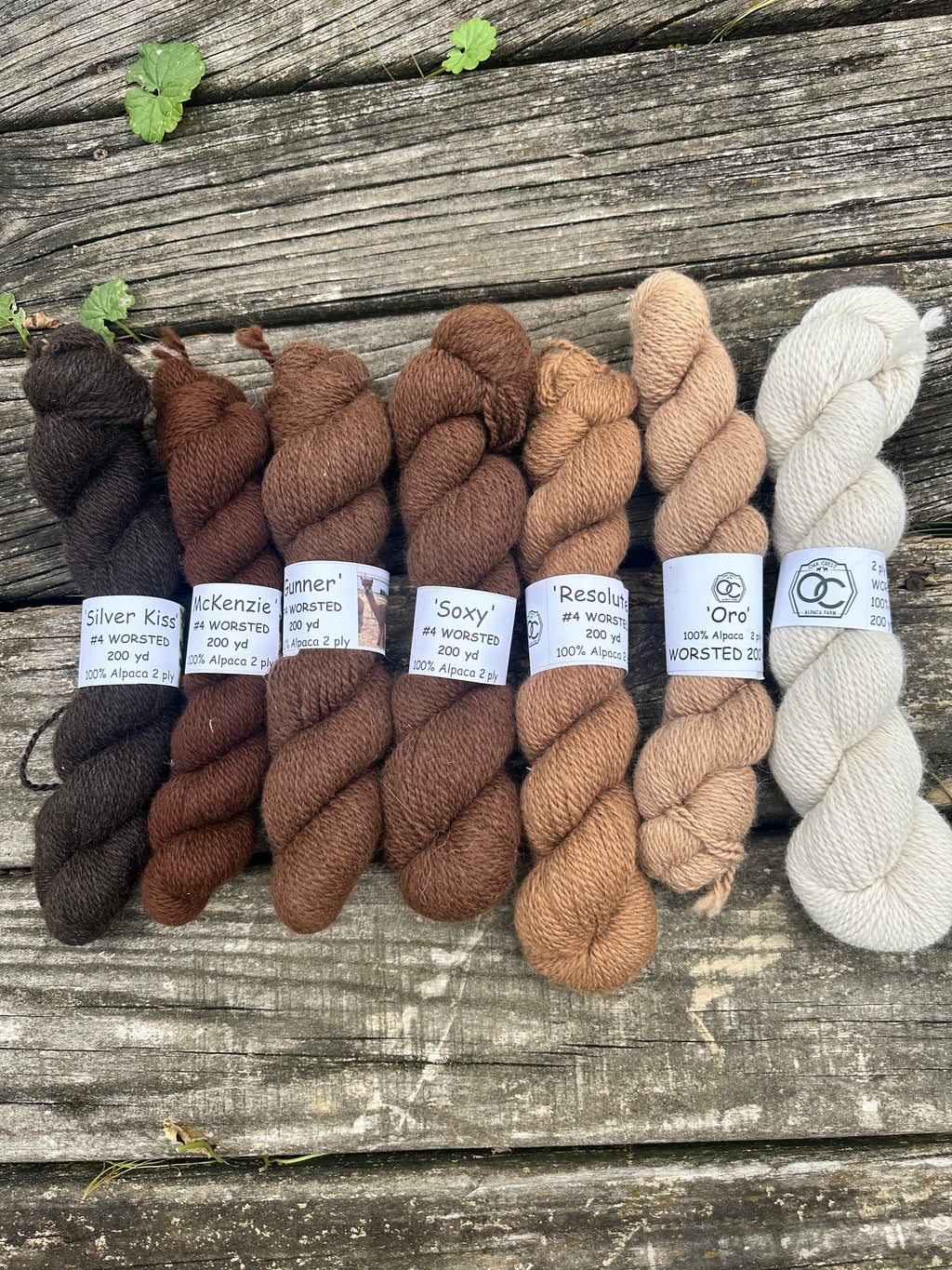 200 yd of Worsted 100% USA Alpaca from our alpacas, 2 ply. Natural Colors