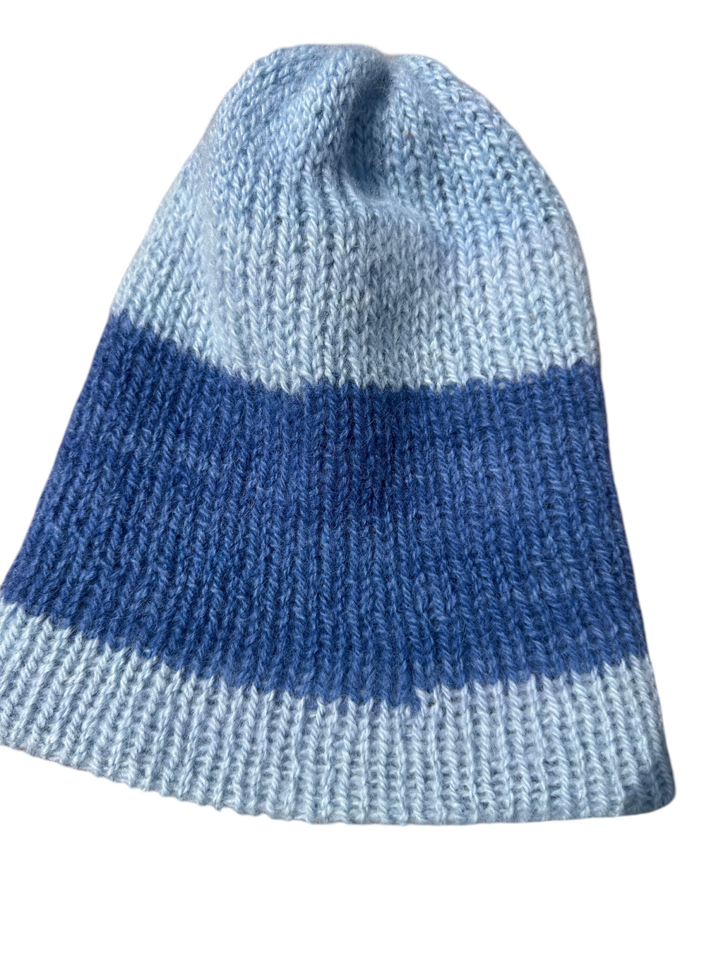 Oak Crest Alpacas and More reversible double knit alpaca hat in light and dark blue stripes