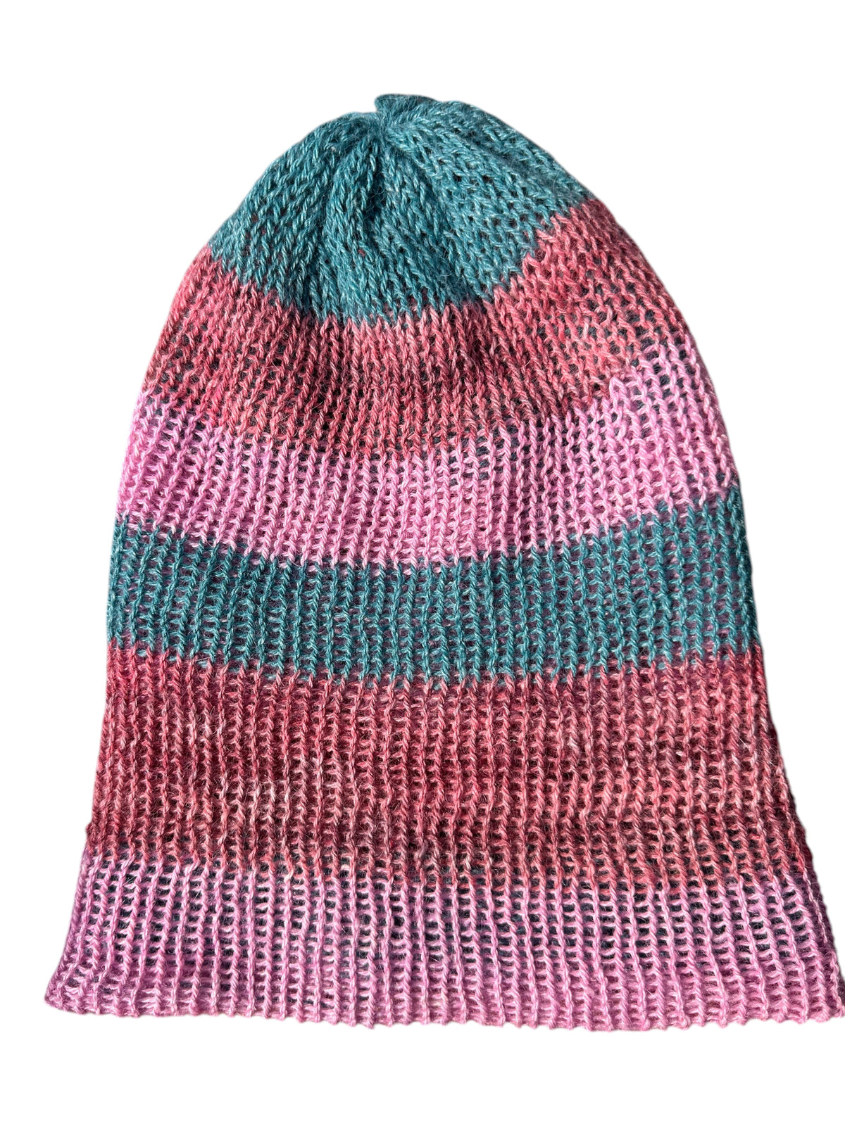 Oak Crest Alpacas and More lightweight double knit alpaca hat with pink and teal striped pattern and fold over brim