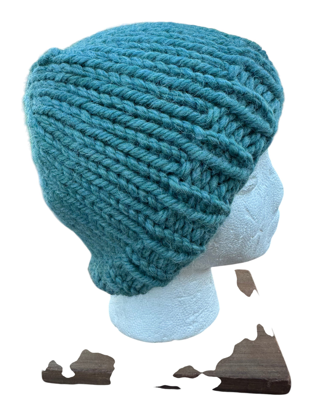 Oak Crest Alpacas and More chunky knit teal alpaca and wool beanie hat on a mannequin head