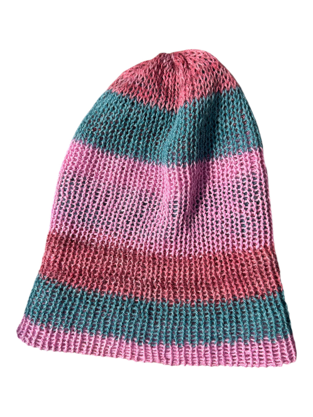 Oak Crest Alpacas and More lightweight double knit alpaca hat with pink and teal striped pattern and fold over brim