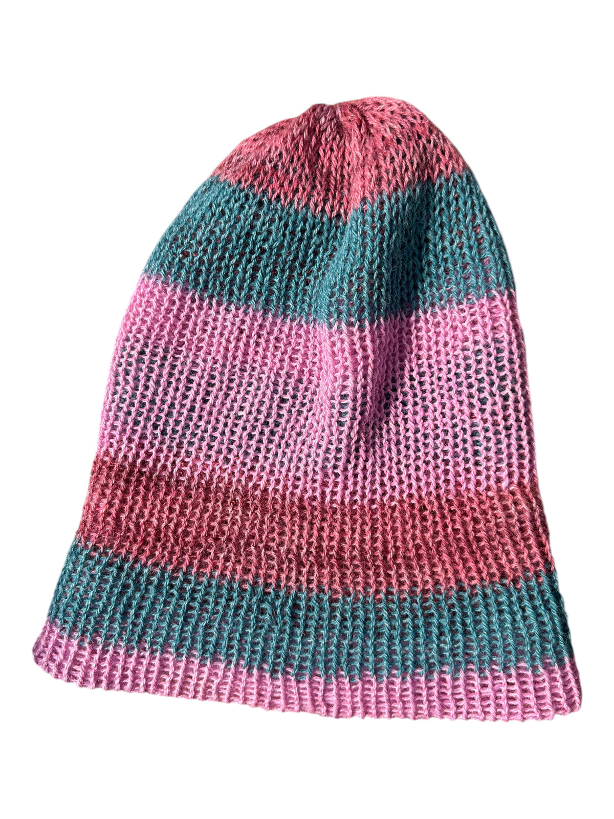 Oak Crest Alpacas and More lightweight double knit alpaca hat with pink and teal striped pattern and fold over brim