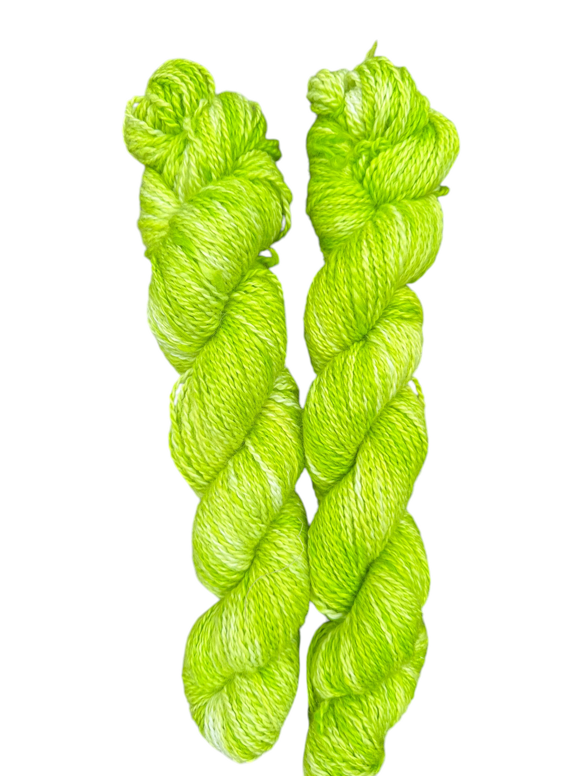 Oak Crest Alpacas and More hand-dyed lime green 100% alpaca DK yarn skeins with a soft, dehaired 2-ply texture.