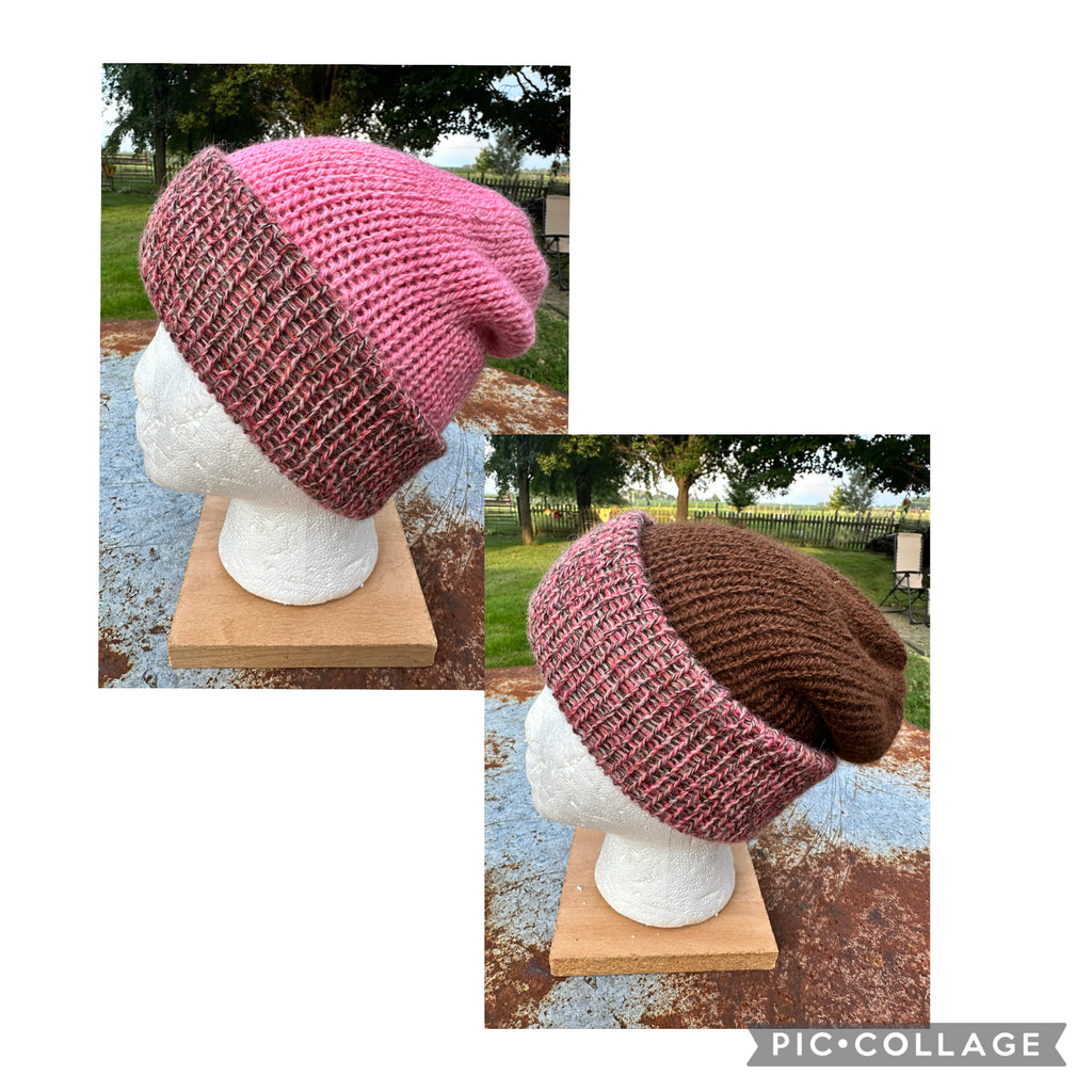 Double knit 100% Alpaca hat with fold over brim. Reversible.