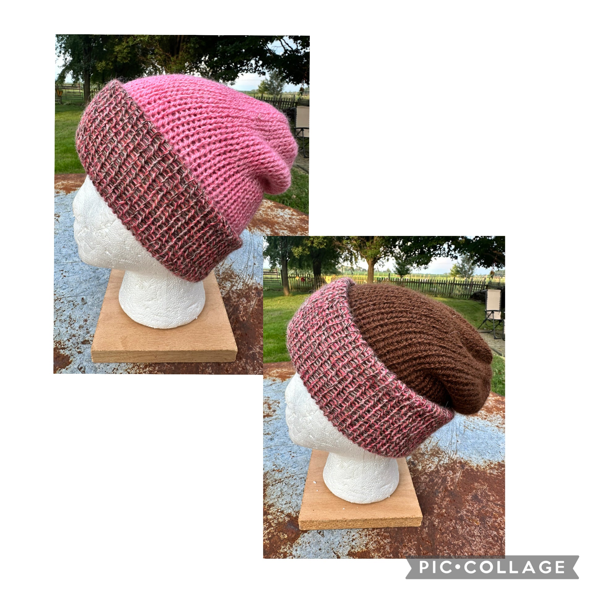 Double knit 100% Alpaca hat with fold over brim. Reversible.