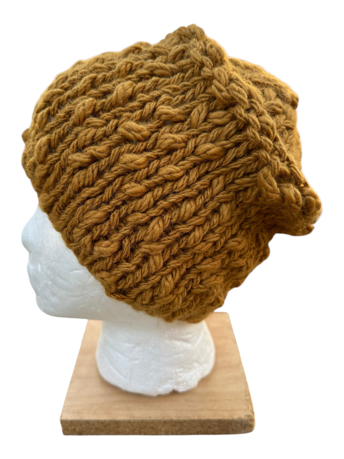Oak Crest Alpacas and More hand-knit gold chunky alpaca and wool hat with textured yarn on a mannequin head
