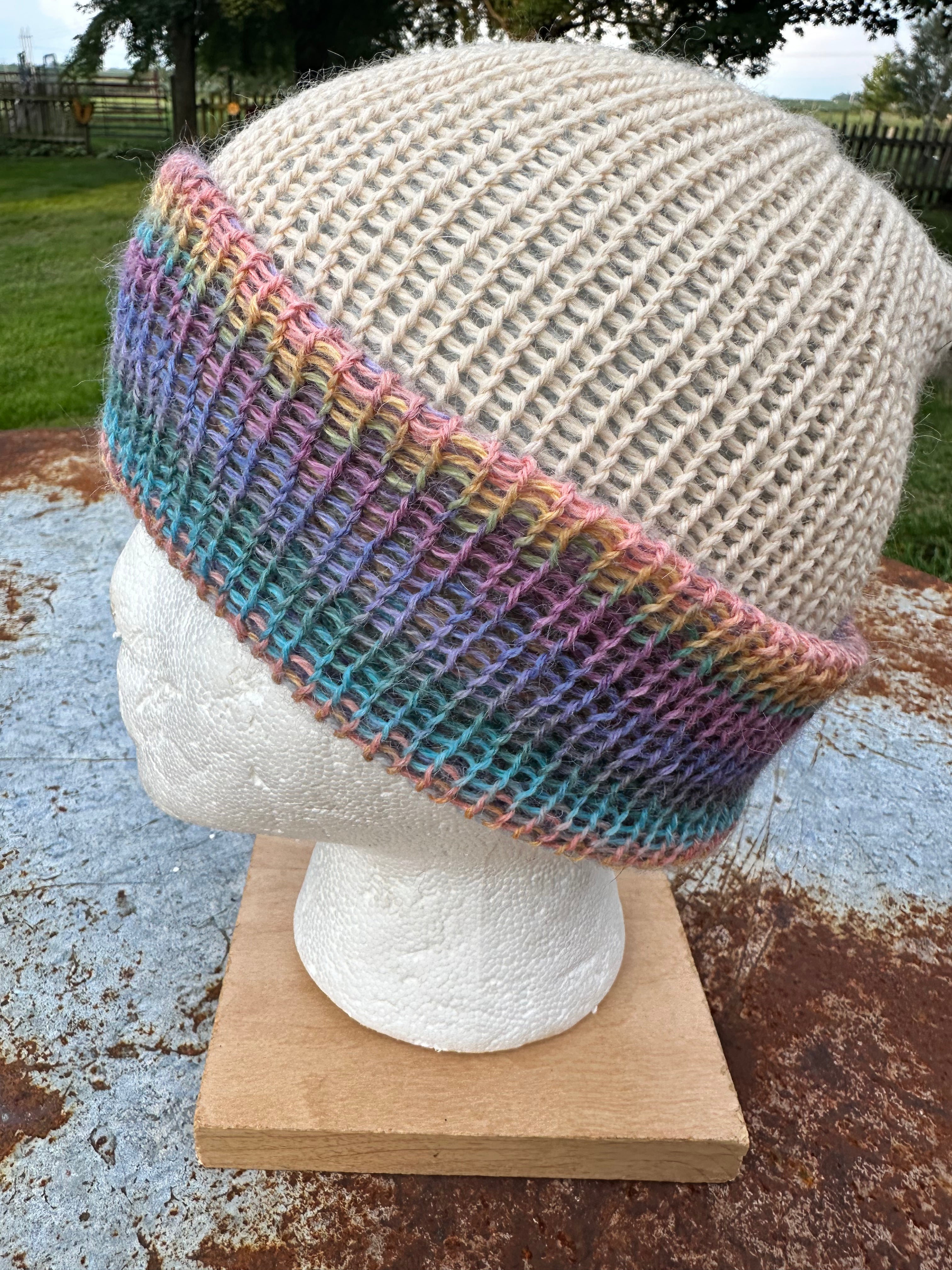 Double knit 100% Alpaca hat with fold over brim. Reversible. 3 colors.