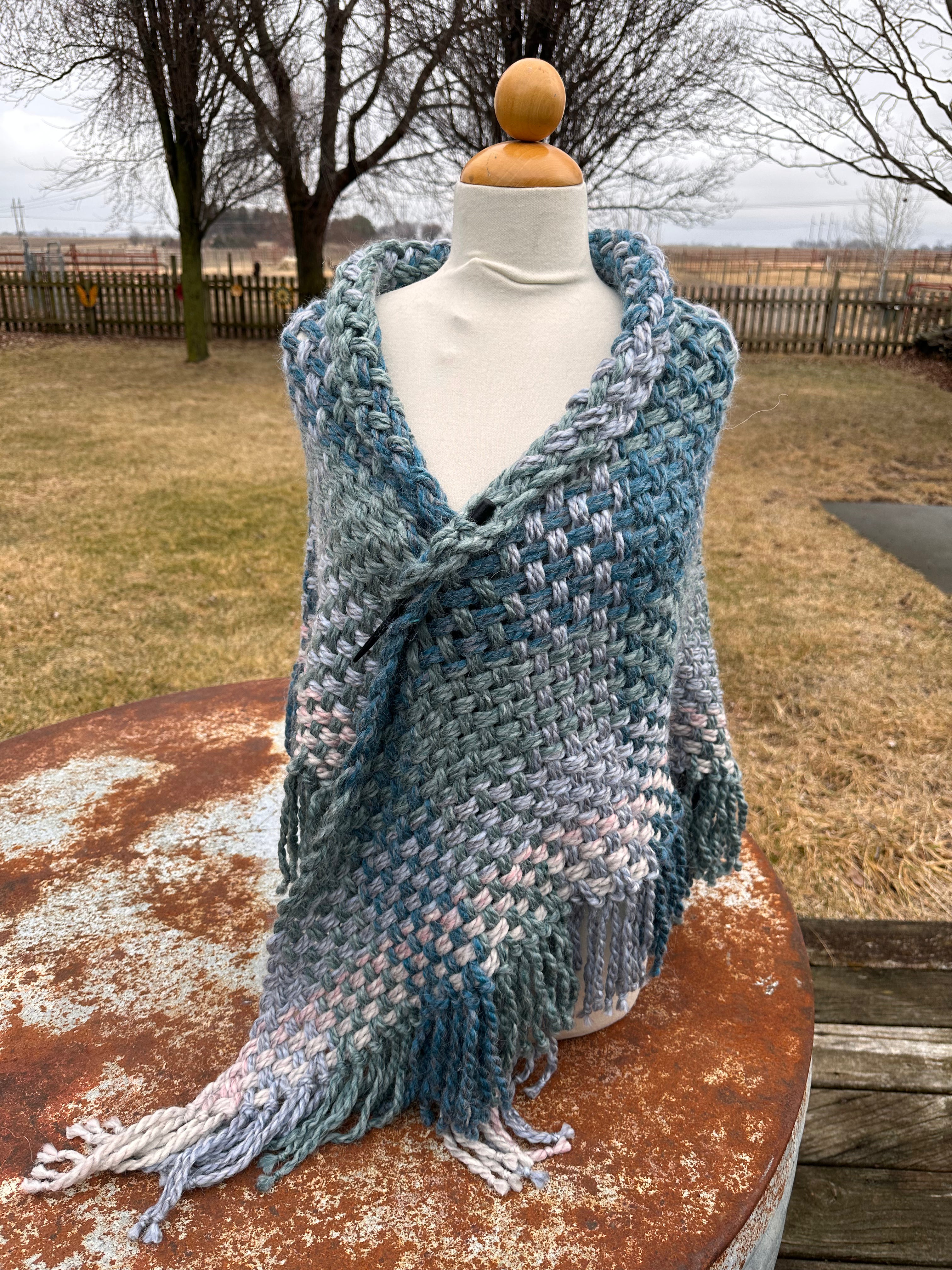 Hand woven alpaca shawl with fringe. 20% Alpaca  plus Acrylic. Chunky yarn.