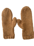 Oak Crest Alpacas and More hand-knit straw-colored 100% alpaca wool mittens resting on fresh white snow.