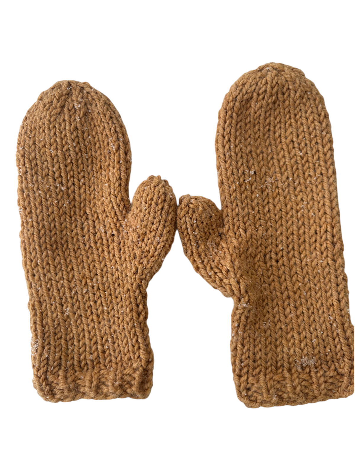 Oak Crest Alpacas and More hand-knit straw-colored 100% alpaca wool mittens resting on fresh white snow.