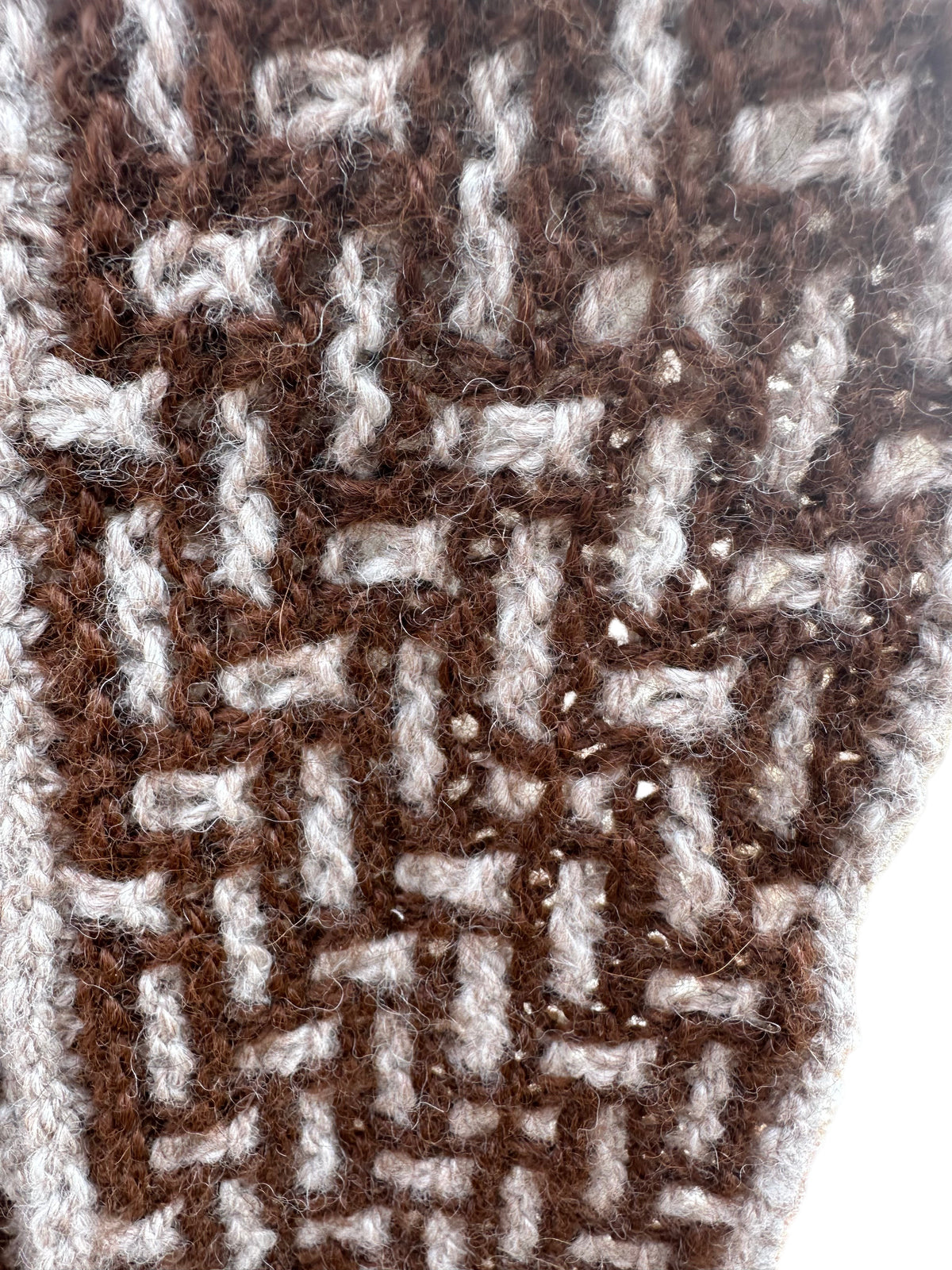 Oak Crest Alpacas and More hand knit scarf in a brown and tan textured alpaca wool pattern