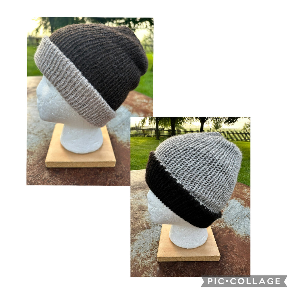 Double knit Alpaca hat with fold over brim. Reversible.