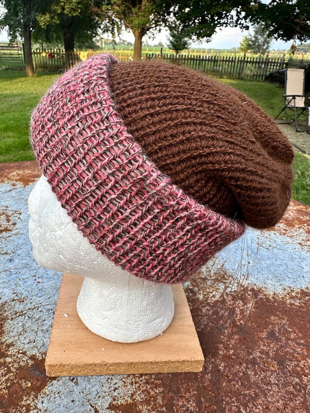 Double knit 100% Alpaca hat with fold over brim. Reversible.