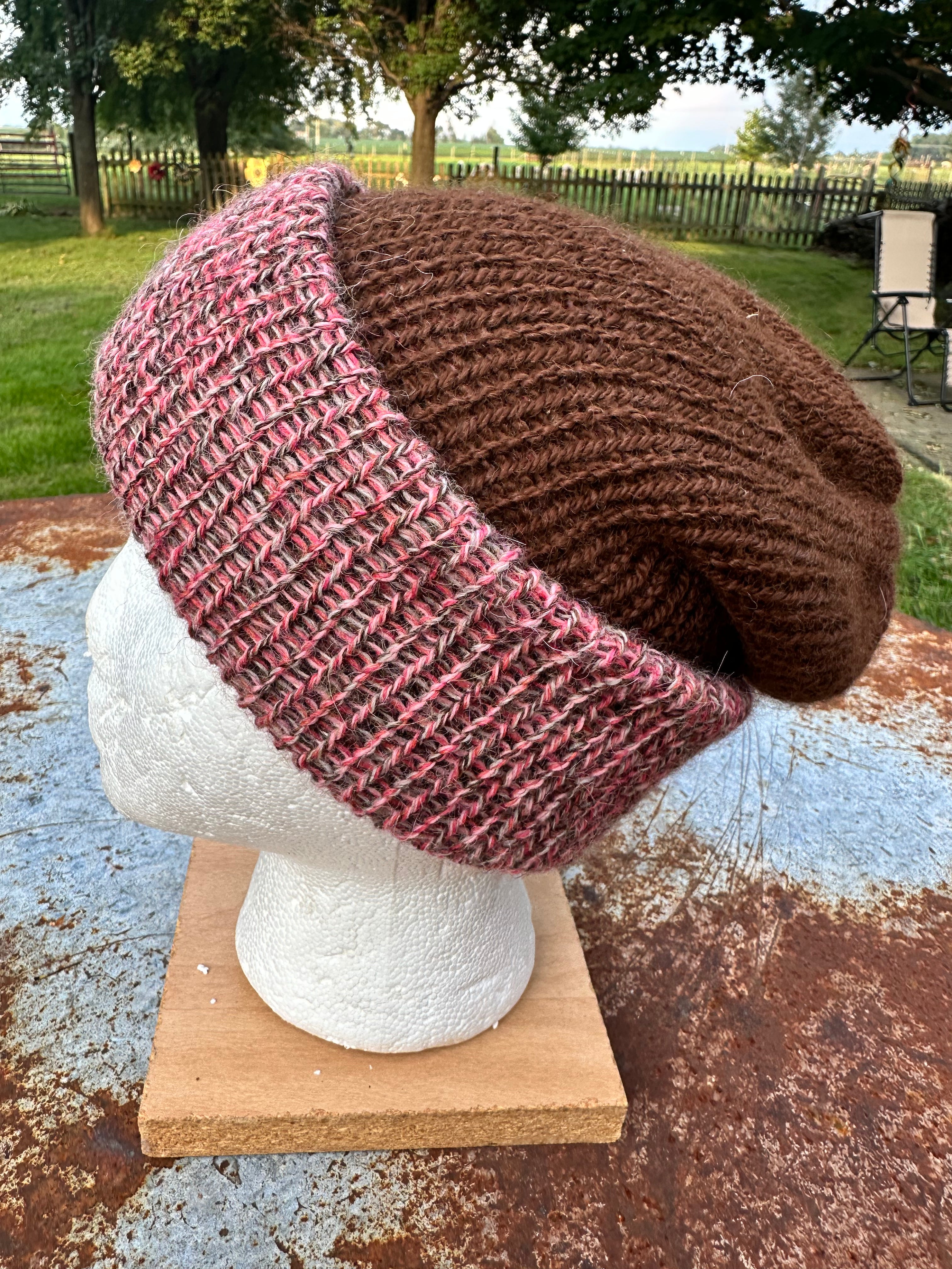 Double knit 100% Alpaca hat with fold over brim. Reversible.