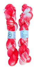 Two skeins of hand-dyed red and white variegated Oak Crest Alpacas and More 100% American alpaca DK weight yarn.