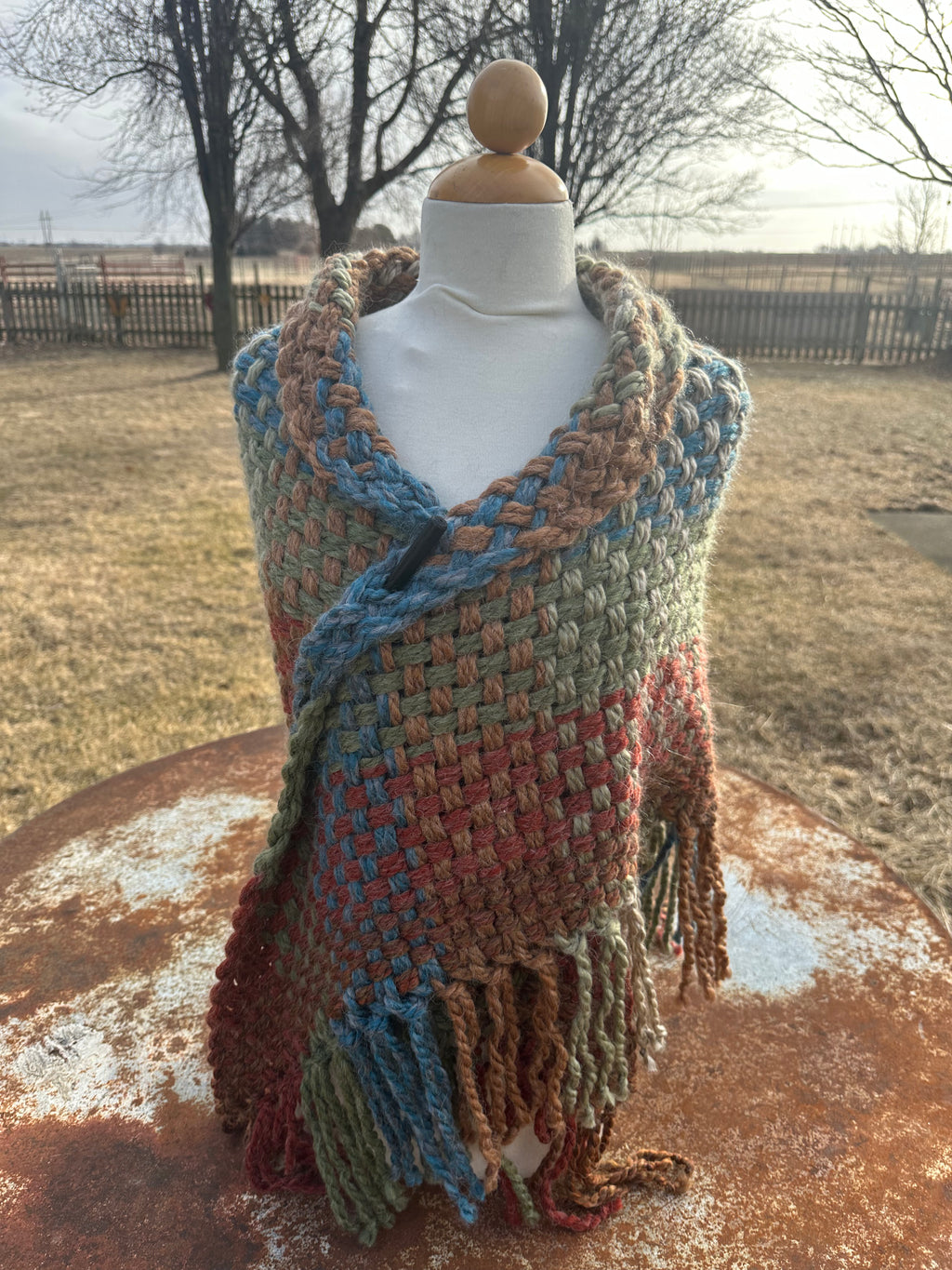 Hand woven alpaca shawl with fringe. 20% Alpaca  plus Acrylic. Chunky yarn.