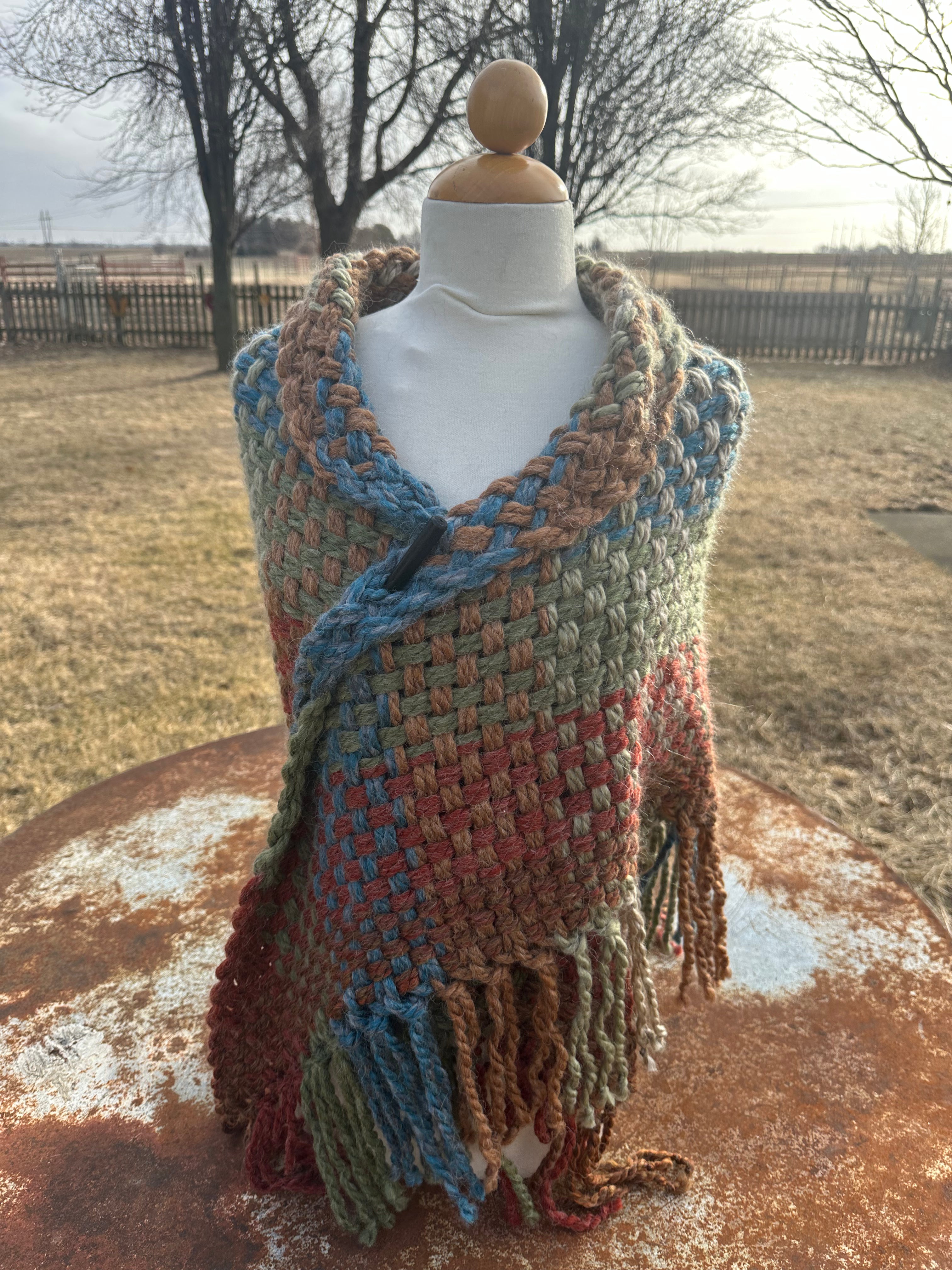 Hand woven alpaca shawl with fringe. 20% Alpaca  plus Acrylic. Chunky yarn.