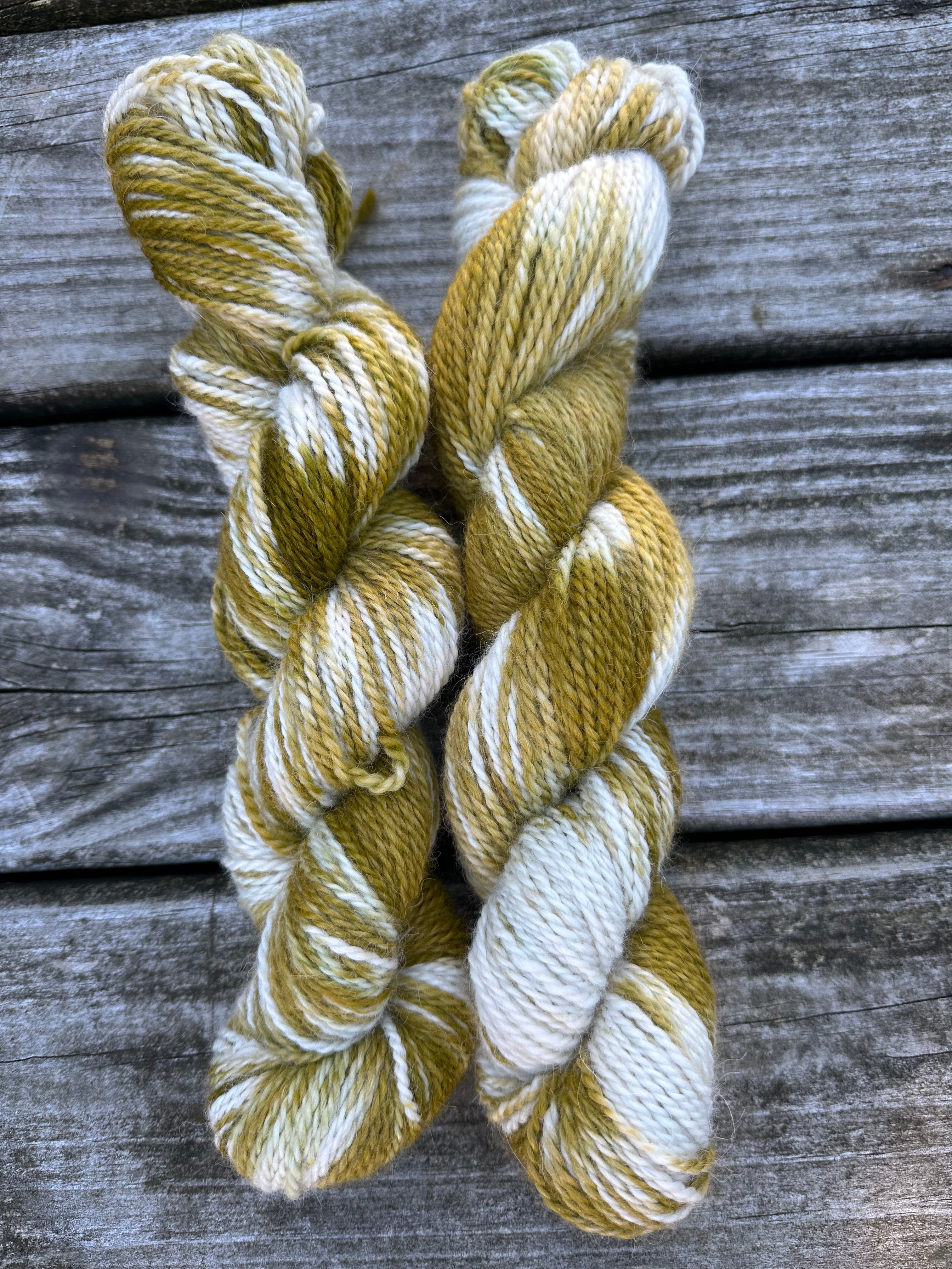 200 yd of worsted 100%  American Alpaca yarn, 2 ply, from our alpacas. Variegated. Hand dyed.