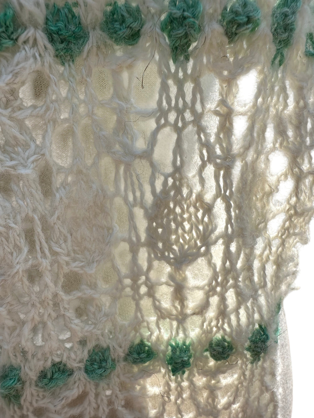 Oak Crest Alpacas and More hand knit white and green lace alpaca scarf with delicate openwork pattern