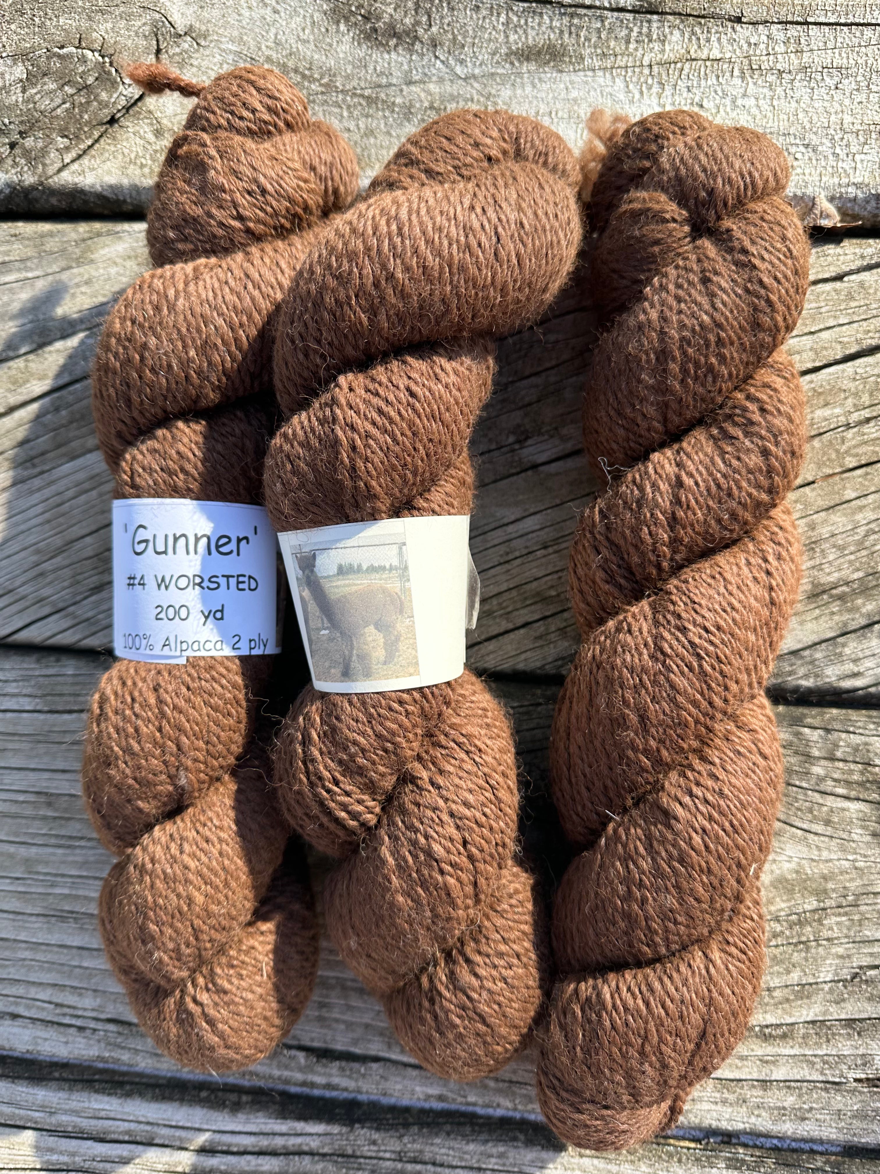 200 yd of Worsted 100% USA Alpaca from our alpacas, 2 ply. Natural Colors