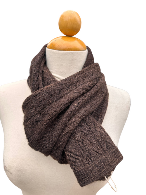 Oak Crest Alpacas and More dark brown 100% alpaca machine knit scarf on a mannequin