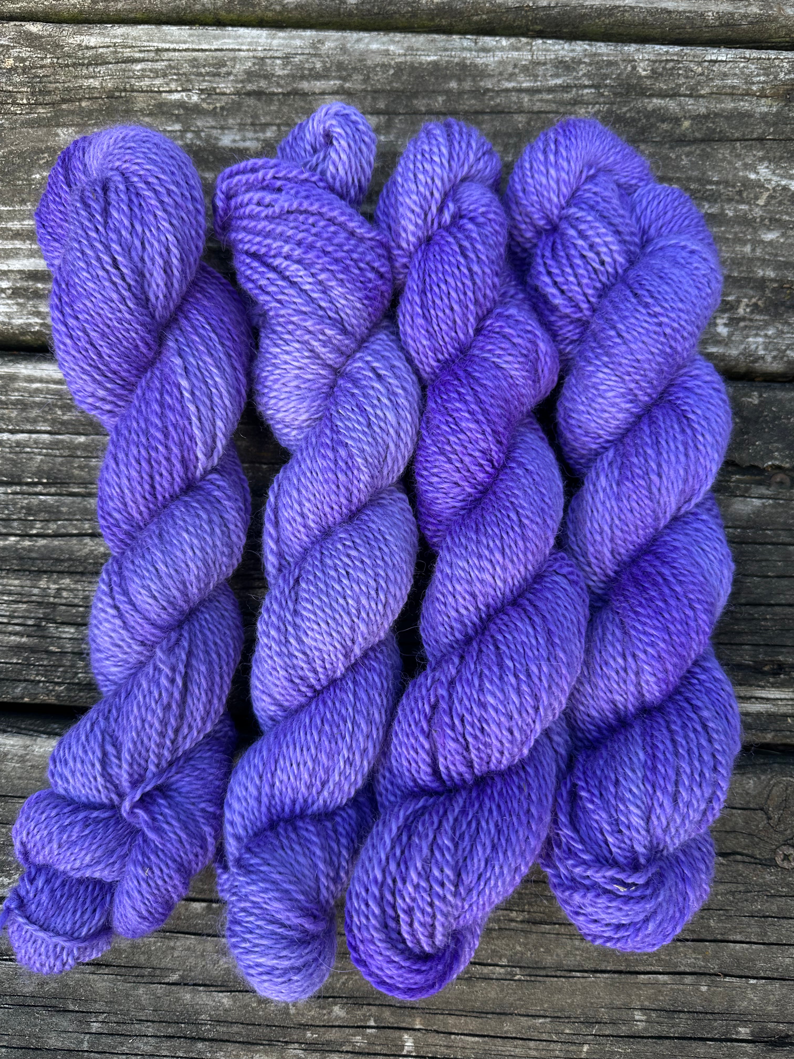 150 yd of Worsted weight 100%  American Alpaca yarn, 2 ply, from our alpacas. Hand dyed.