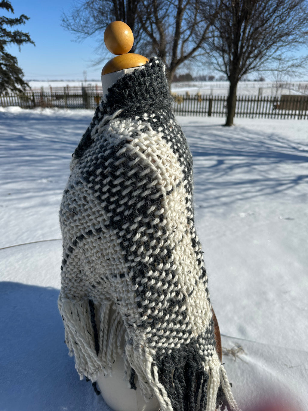Hand woven alpaca shawl with fringe. 20% Alpaca  plus Acrylic. Chunky yarn.
