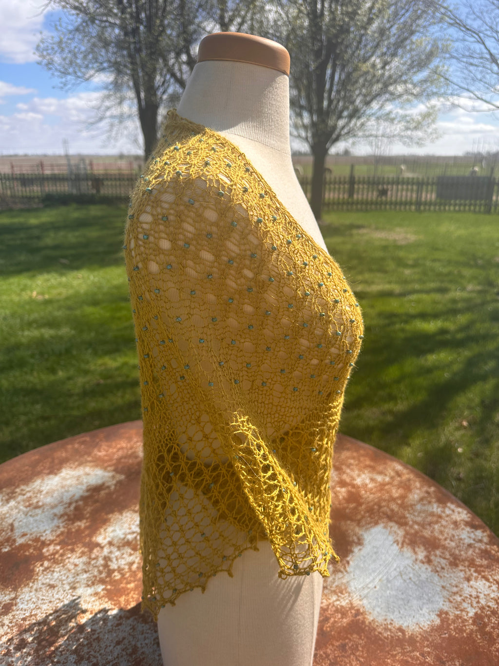 Hand knit Llama/Silk beaded lace shawl. Luxury.