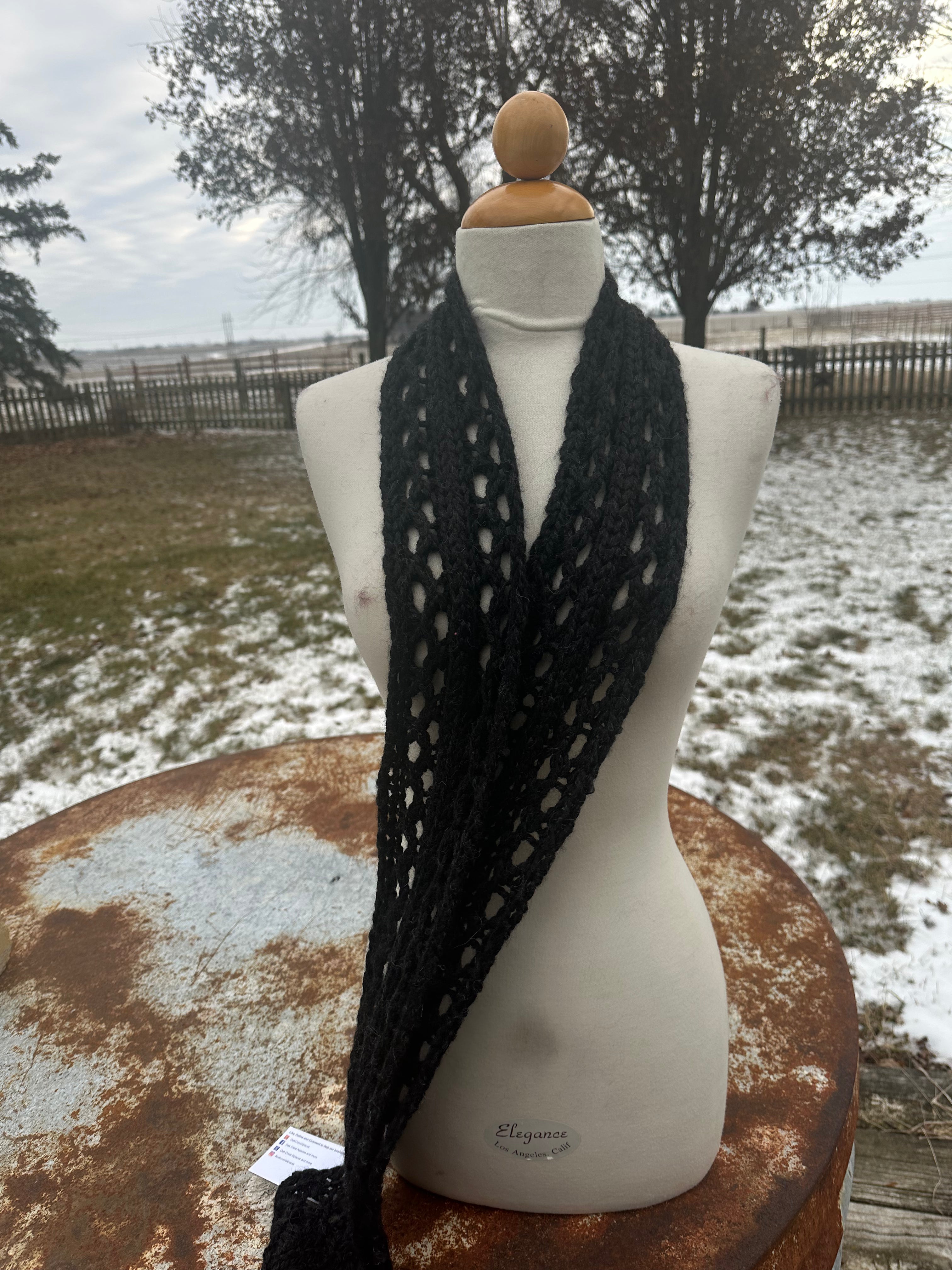 Black lacey Alpaca scarf. Hand knit.