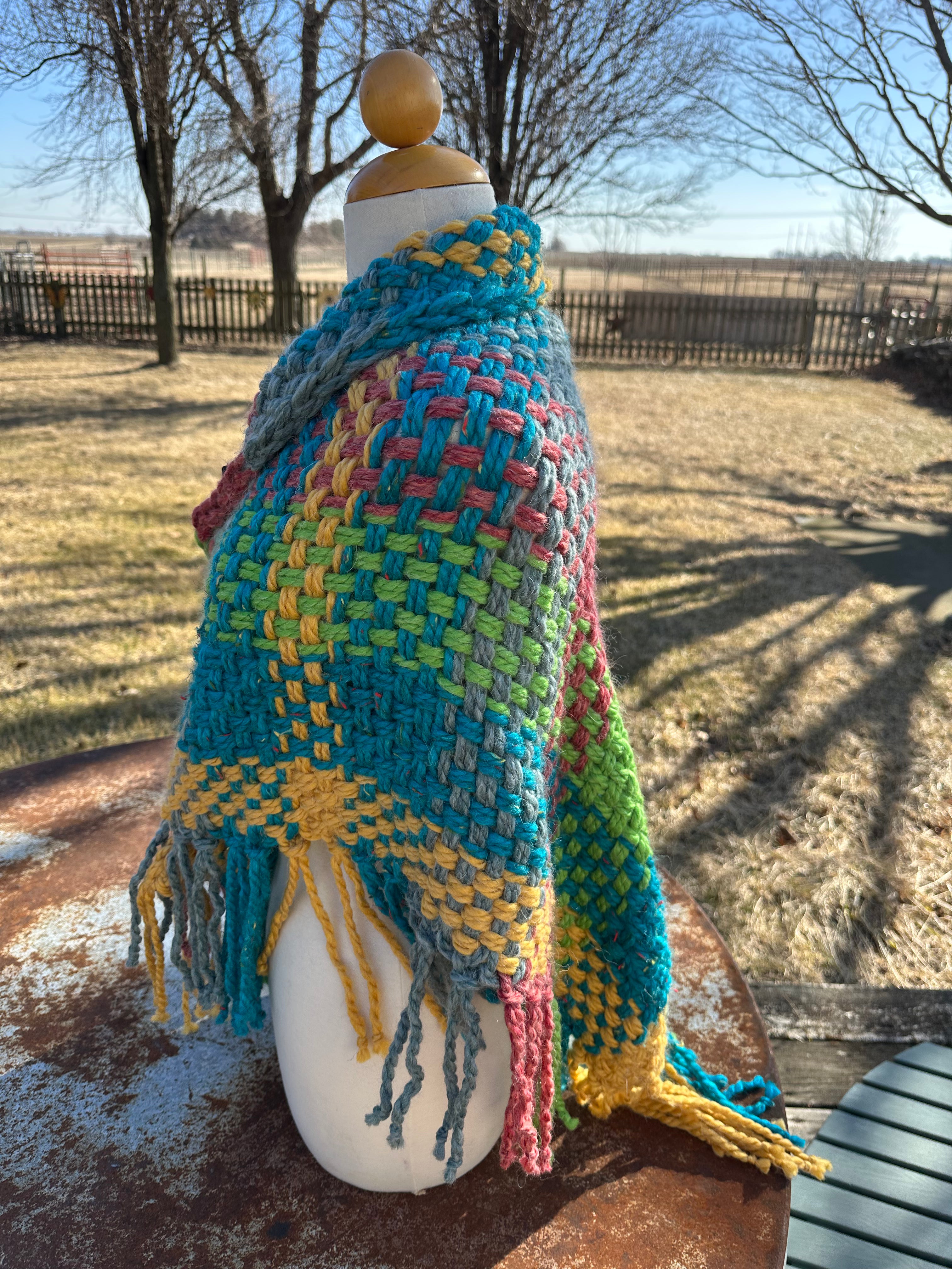 Hand woven alpaca shawl with fringe. 20% Alpaca  plus Acrylic. Chunky yarn.