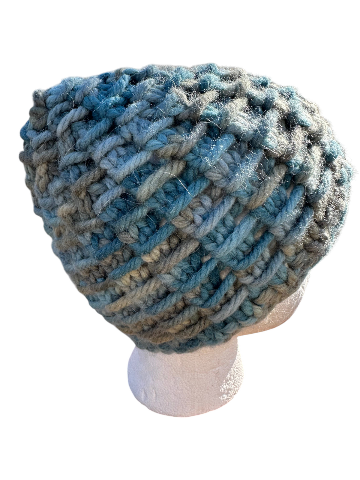 Oak Crest Alpacas and More chunky knit beanie in variegated teal alpaca and wool blend with textured stitch pattern